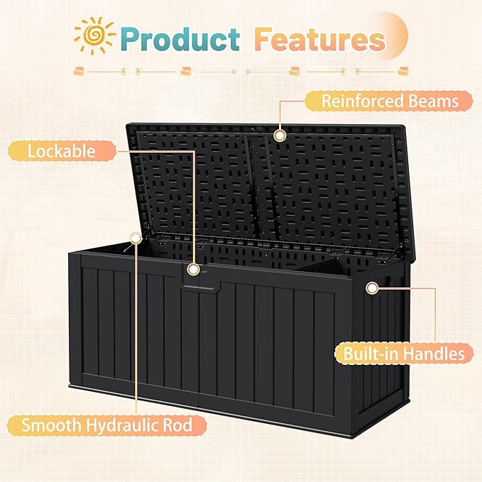 Patiowell 240 Gallon Large Outdoor Storage Box, Waterproof Deck Box with Fixed Divider, Lockable and Durable Patio Storage Solution for Patio Furniture and Garden Tools (Black)