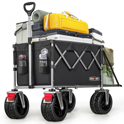 Overmont 300L Folding Festival Trolley Cart - All-terrain Extra Wide Wheels and Brake - Heavy Duty Cart Load up 150KG - with Adjustable Handle & Cover Bag - Wagon for Beach Camping Garden, Black