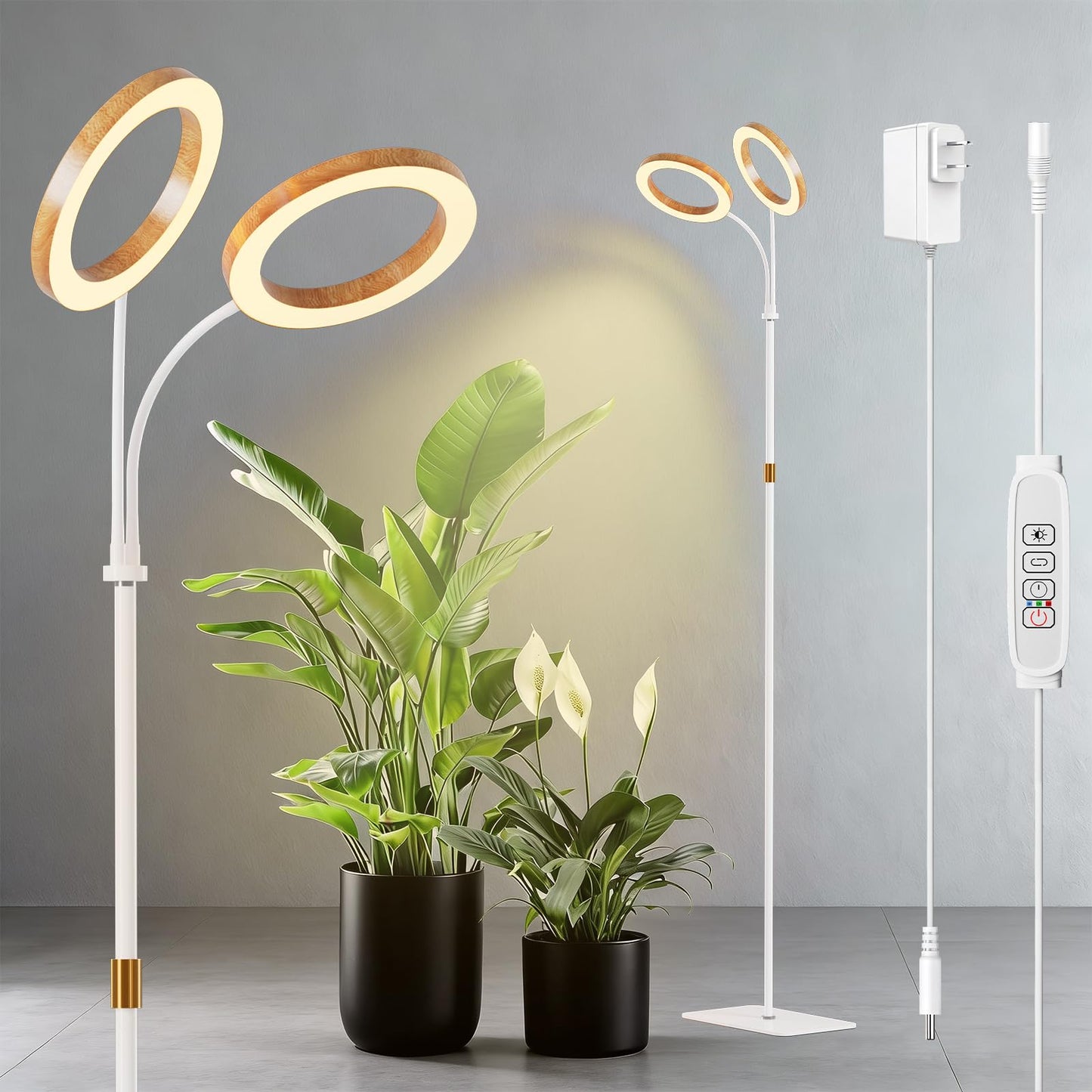 LPMZMBL Dual Head Grow Light for Indoor Plants Full Spectrum-Floor Standing Plant Lamp with Auto Timer 6/12/18H, 5-Level Dimmable & Adjustable Height 16.5-68in for Large Tall Plants | Faux Wood Design