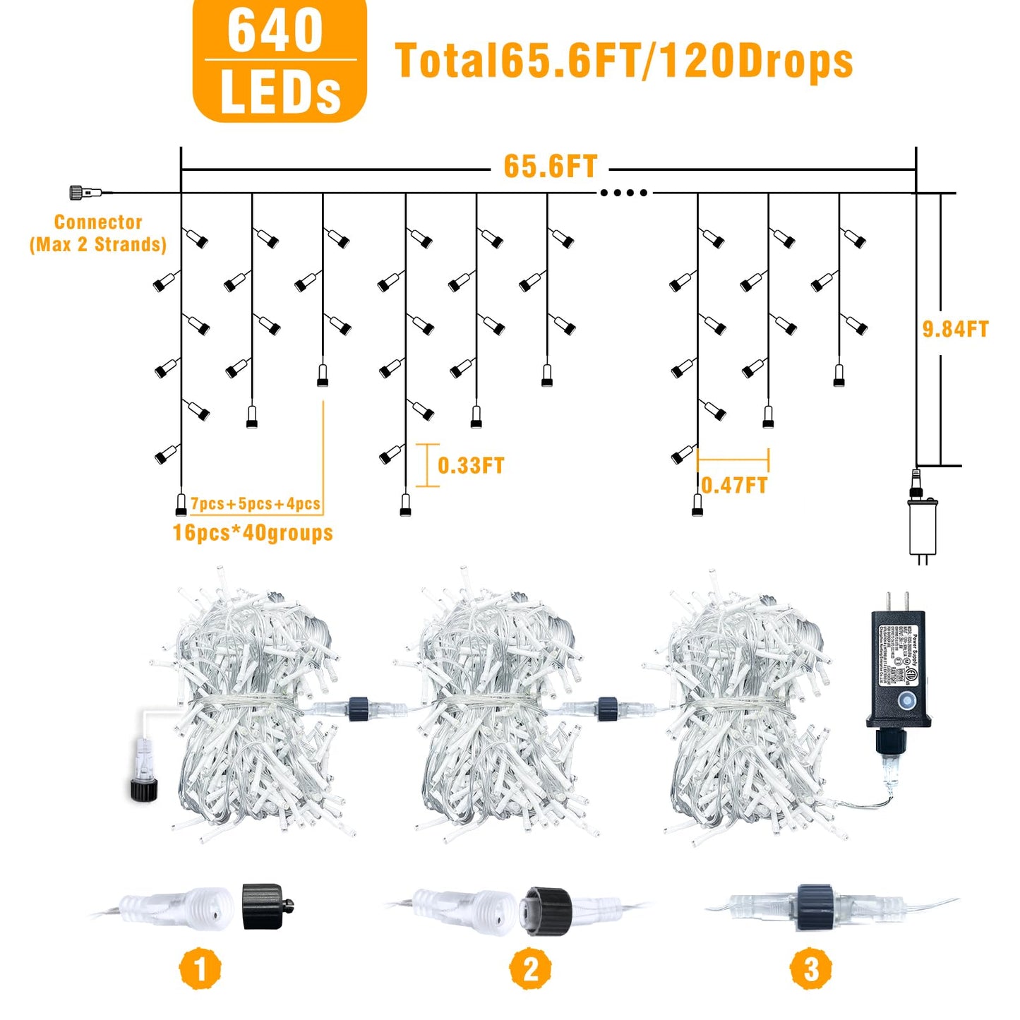 66ft Icicle Lights for Outside, Red White and Green Christmas Lights Outdoor Indoor, 640 LED Twinkle String Light with 120 Drops, Clear Wire Connectable Timer for Thanksgiving Room Home Wall Bedroom