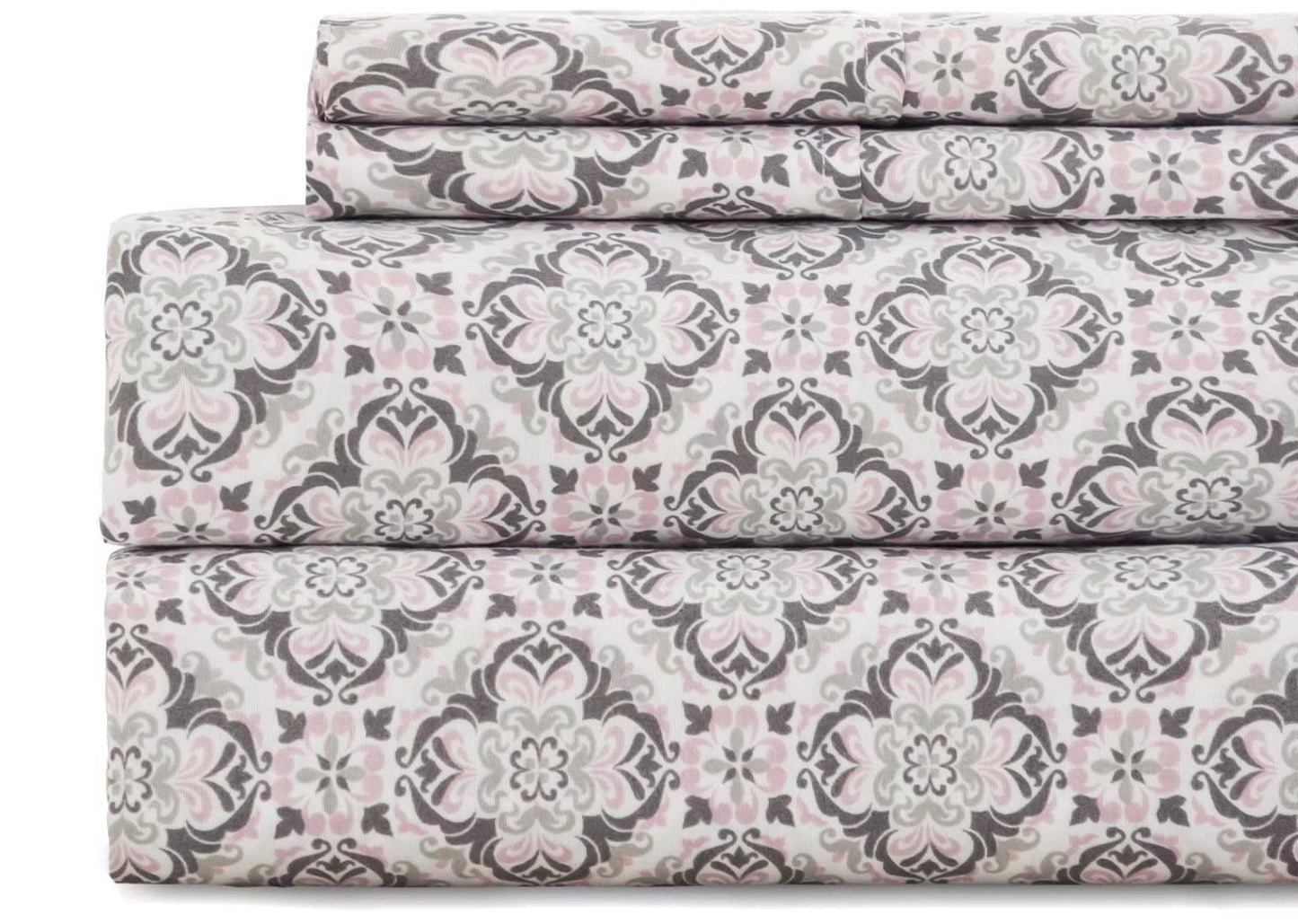 KaceMoo California King Sheet Set 4PC Printed Sheets Beige Floral Pattern Boho Sheets Cooling Deep Pocket Microfibe Bed Sheet, Luxury, Soft, Breathable, Hypoallergenic, Wrinkle Free for Kids Room Dorm