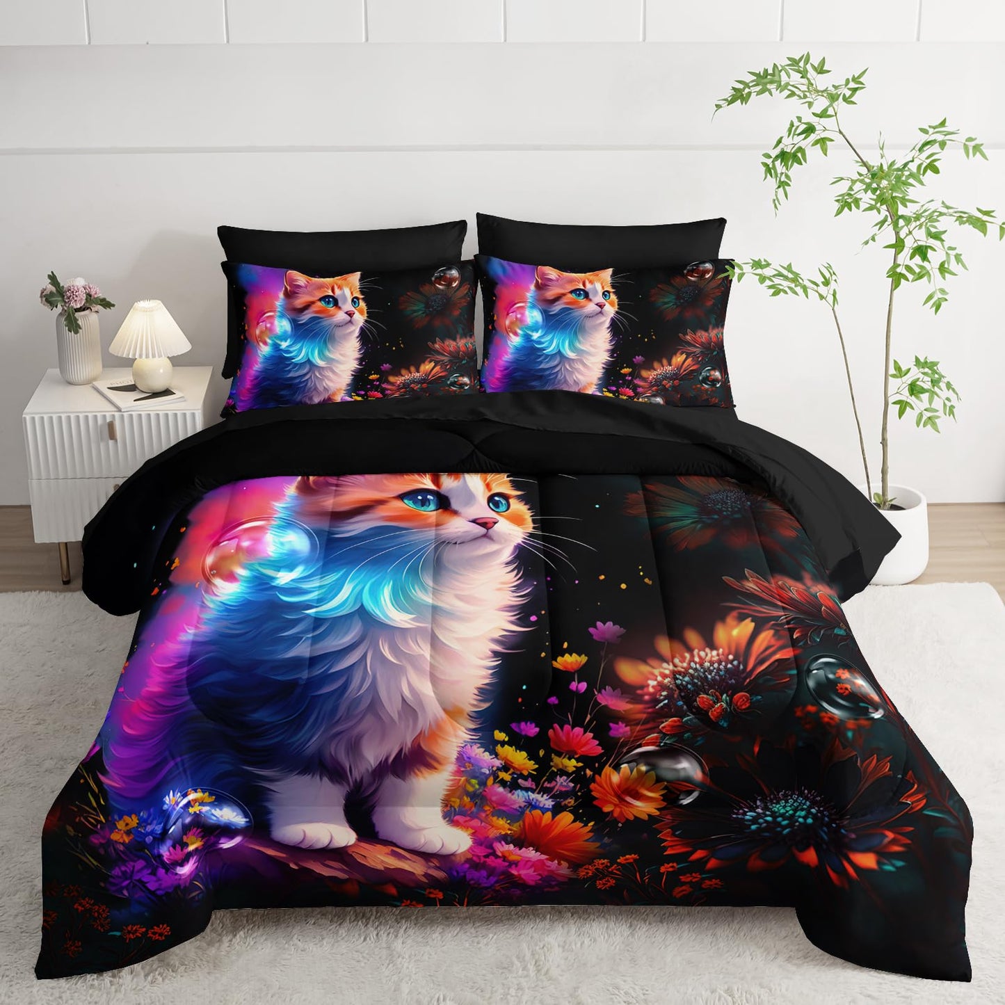 XYNHML Cartoon Kawaii Cat Comforter 7Pcs 3D Animal Flower Toddler Bedding Set Cat Lovers Animal Bubble Quilt Bed Set for Kid Girl Boy Teen Adult Twin with 2 Sheets,2 Pillowcases,2 Throw Pillow Covers