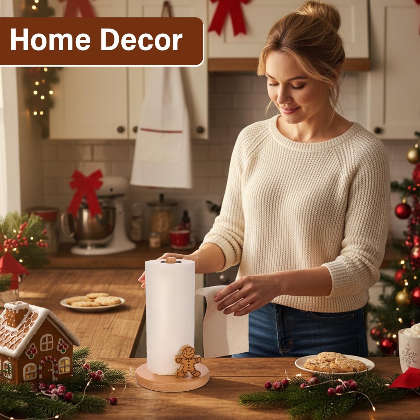 BrightRow Christmas Farmhouse Paper Towel Holder Wooden Decorative Paper Towel Holder Countertop Cute Decorative Rustic Kitchen Storage Gift for Xmas Home Bathroom Party(Gingerbread Man)