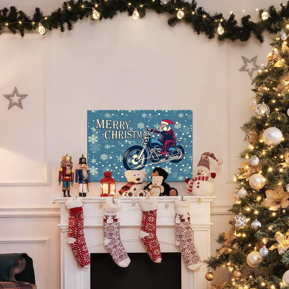 Renditions Gallery Motorcycle Santa Wall Art, Dark Blue, White Snowflake Design, Funny Christmas Decorations, Premium Gallery Wrapped Canvas Decor, Ready to Hang, 8 in H x 12 in W, Made in America