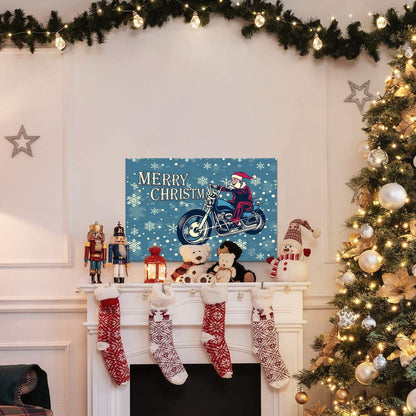 Renditions Gallery Motorcycle Santa Wall Art, Dark Blue, White Snowflake Design, Funny Christmas Decorations, Premium Gallery Wrapped Canvas Decor, Ready to Hang, 8 in H x 12 in W, Made in America