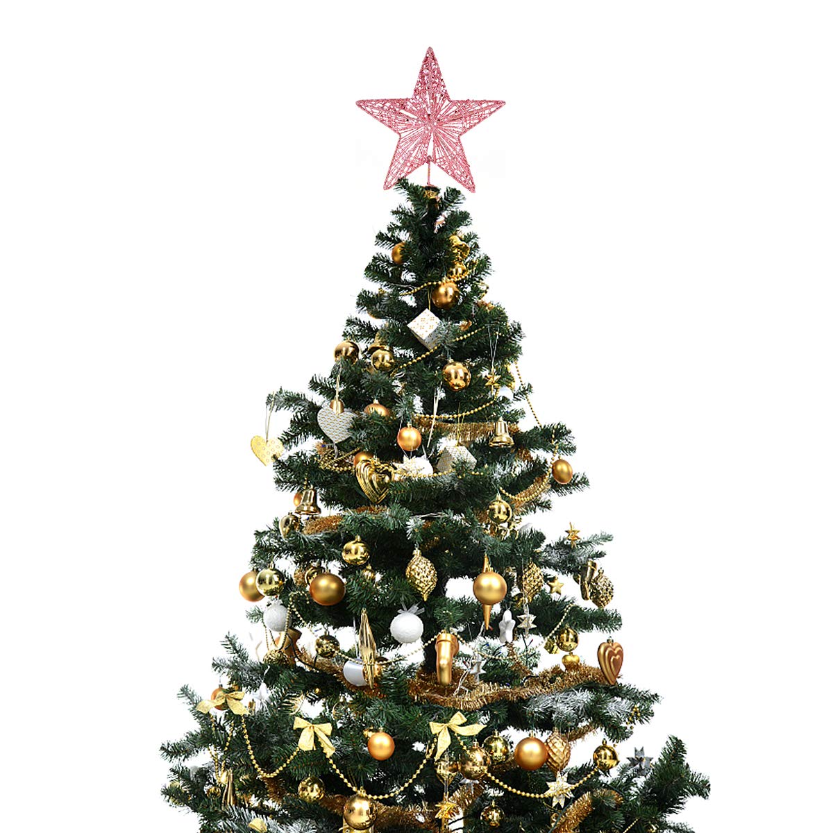 Amosfun Christmas Tree Topper 10 Inch Pink Glitter Star with Metal Hollow Design Wire Star Treetop for Holiday Christmas Home Decoration