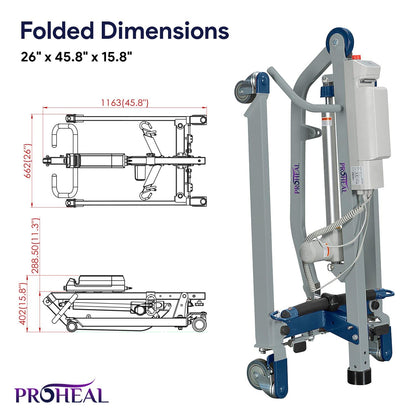 ProHeal Portable Patient Lift - Compact Folding Full Body Patient Transfer Lifter for Home Use and Facilities - Low Bed and Chair Lifting, 400 Pound Weight Capacity, 2 Point Spreader Bar