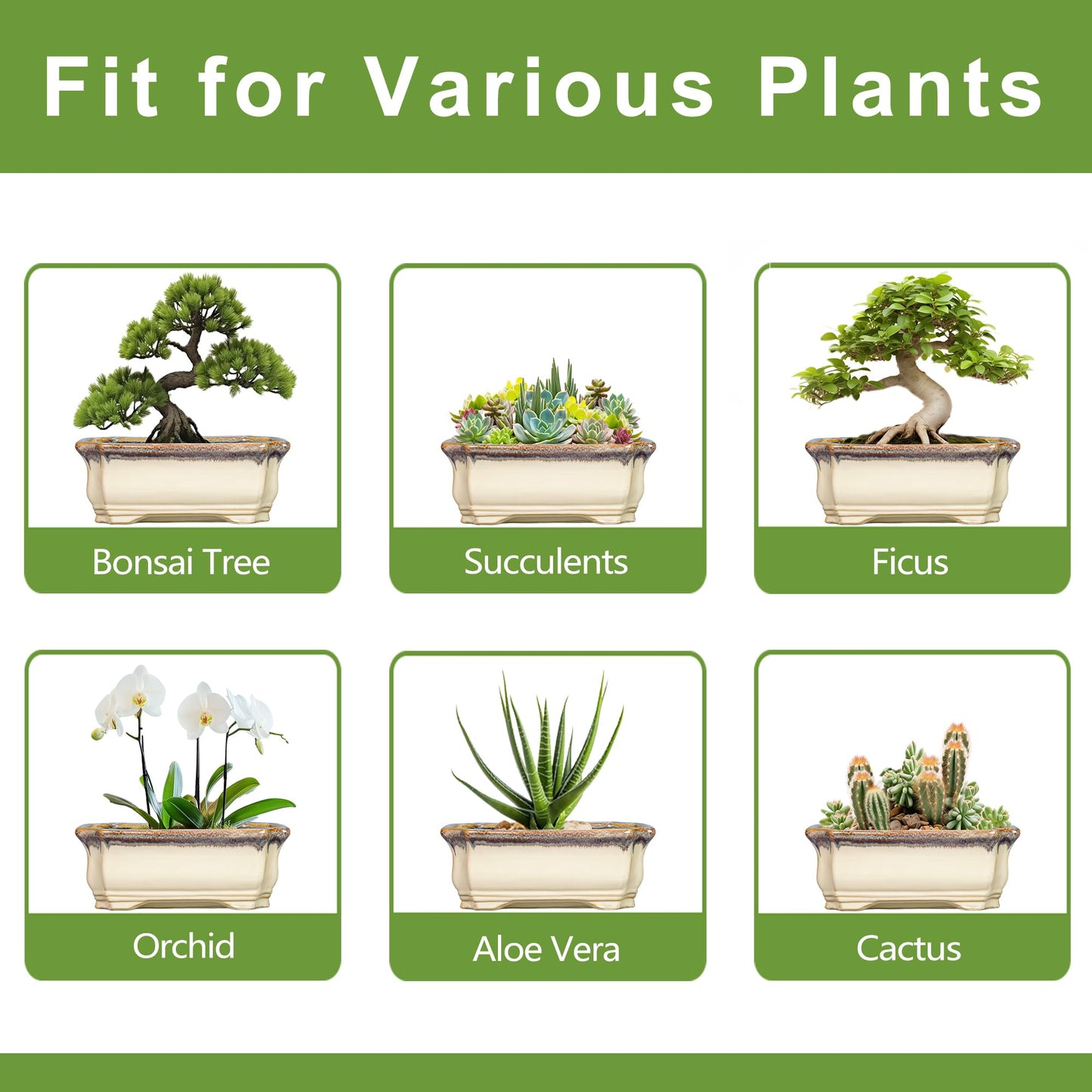 Teagas 11.6 Inch Succulent Pots - Ceramic Bonsai Tree Pots with Drainage Hole, Succulent Planters for Indoor Plants Outdoor, Bonsai Planter, Garden Decor, House Warming Gifts, Rectangular Beige-Brown