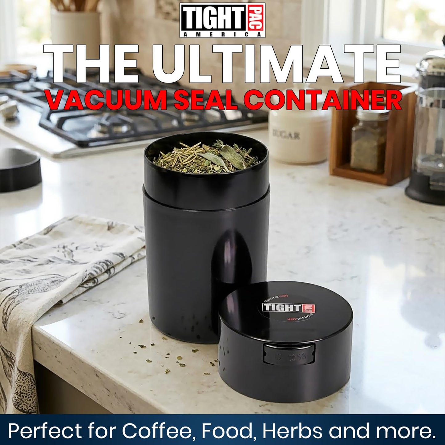 Tightvac 1 to 6 Ounce Airtight Container - Multi-use Storage Container for Herbs, Coffee and Dry Goods, Patented Vacuum Seal Airtight Containers, Black