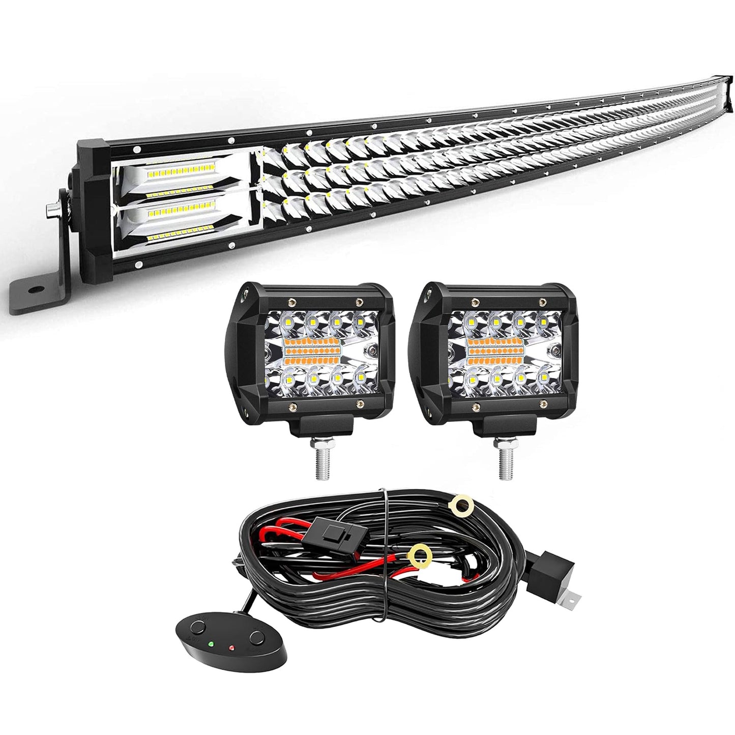 LED Light Bar TURBO SII 50 Inch 684W Curved Triple Row Flood Spot Combo Beam Offroad Driving Light + 4 Inch 60W Led Pod Lights w/3-Leads Wiring Harness for Trucks ATV UTV Polaris Boats