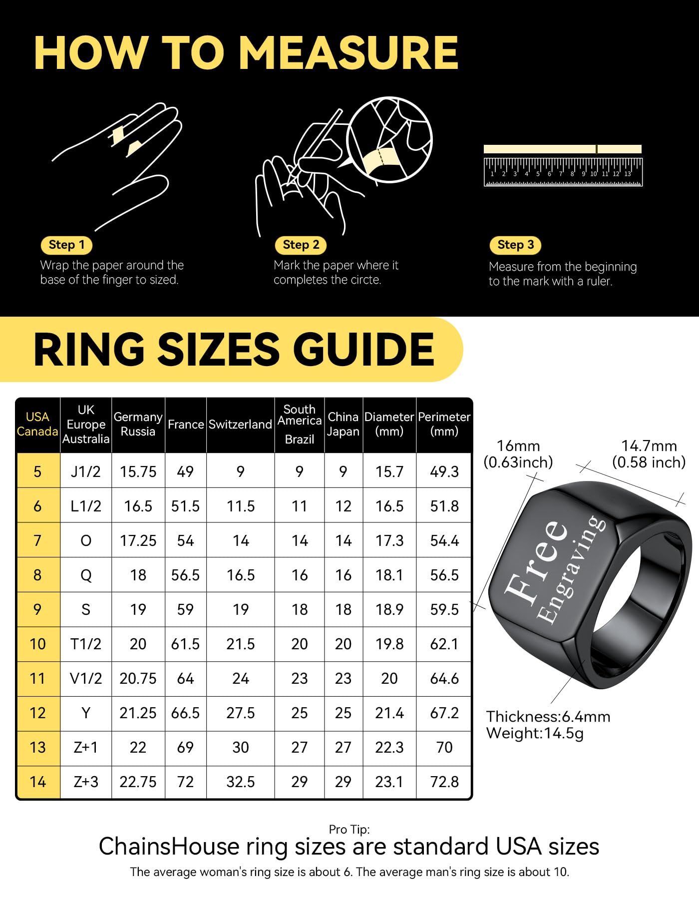 Black Personalized Signet Rings for Men Women Solid Polished Stainless Steel Biker Ring Size 13