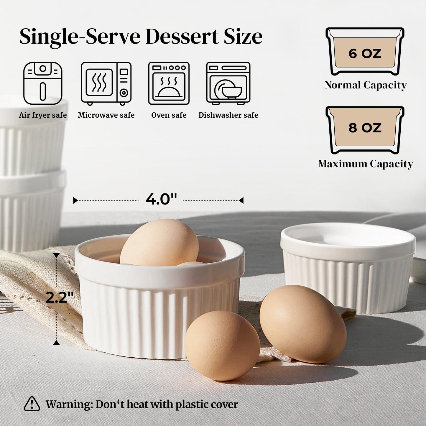 DOWAN Ramekins 8 oz Oven Safe with Lids, Creme Brulee Ramekins Bowls, Porcelain Ramiken Souffle Dishes, Custard Cups for Baking, Small Bowls for Pudding Dip Sauces Dessert, White, Set of 6