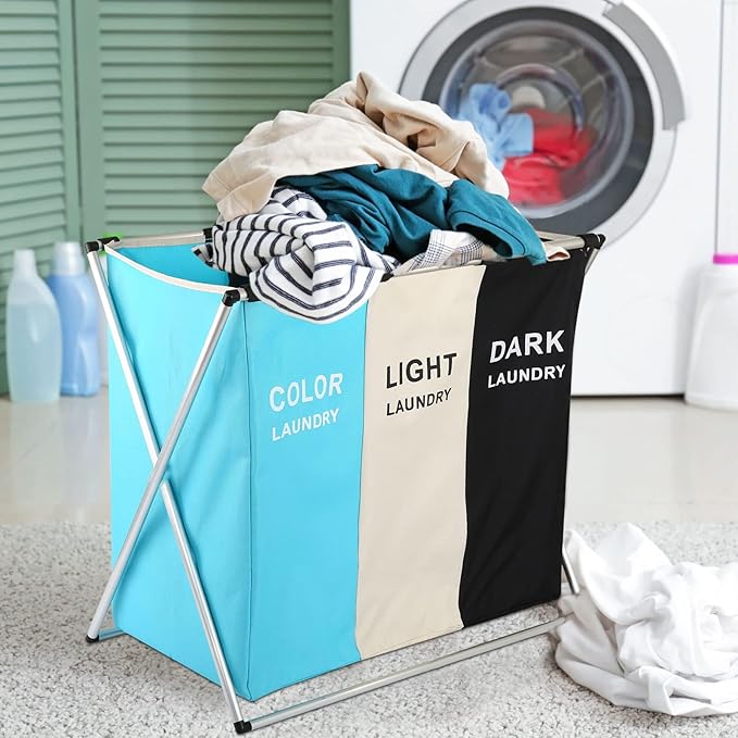 Laundry Cloth Hamper Sorter Basket Bin Foldable 3 Sections