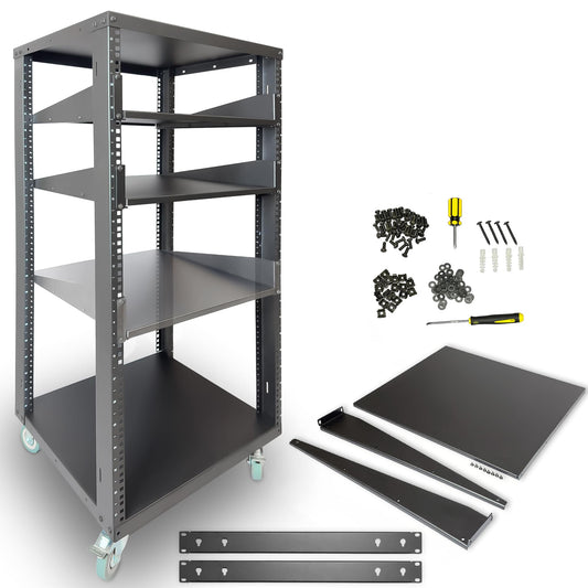 AxcessAbles 22U Open Frame Network & AV Rack with Caster Wheels, Three 2U Shelves, 10-32 & Cage Nut Compatible Rails, Cage Nuts, Screws, Cage Nut Tool & Wall Mount Kit | 19-Inch Equipment Rack