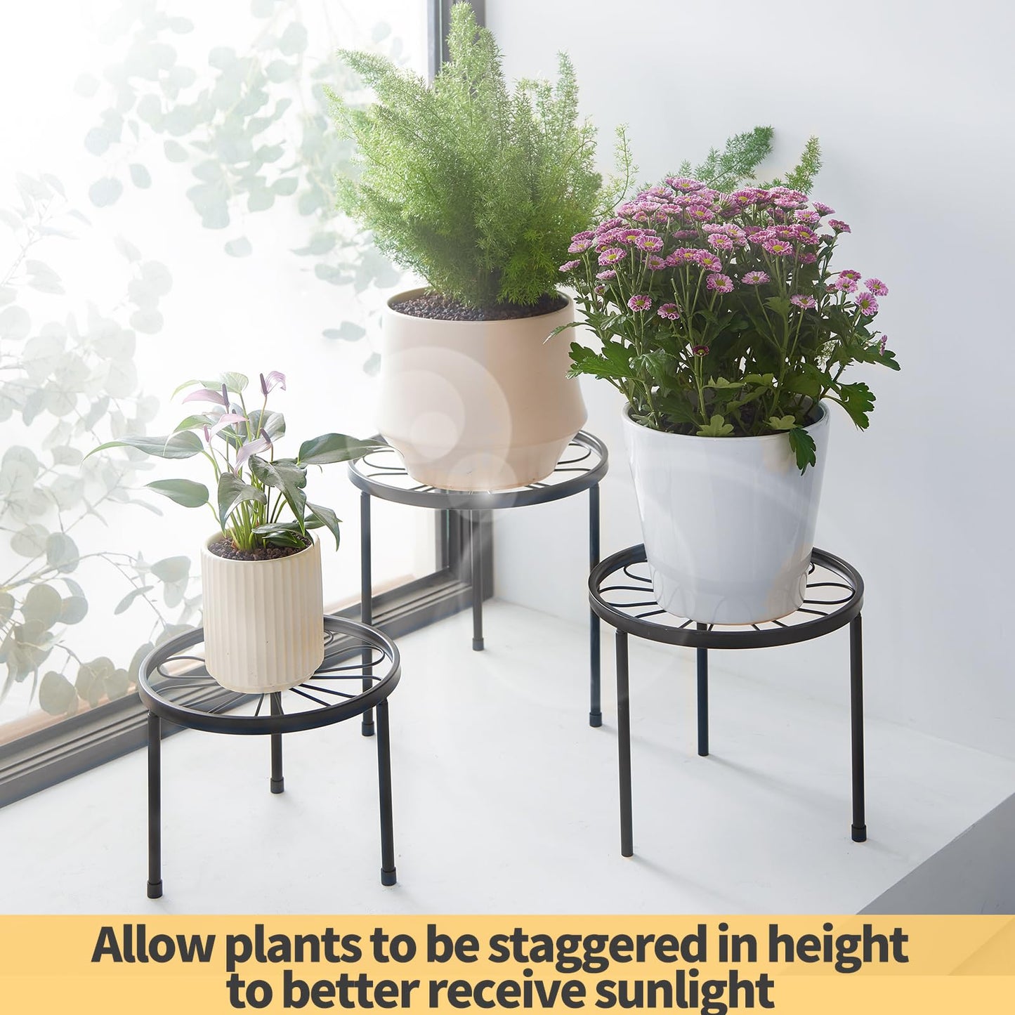 Furshus Plant Stand,5 Pack Heavy Duty Flower Pot Stands,Metal Decoration Racks,Round Plant Shelf for Planter Outdoor and indoor (Black)