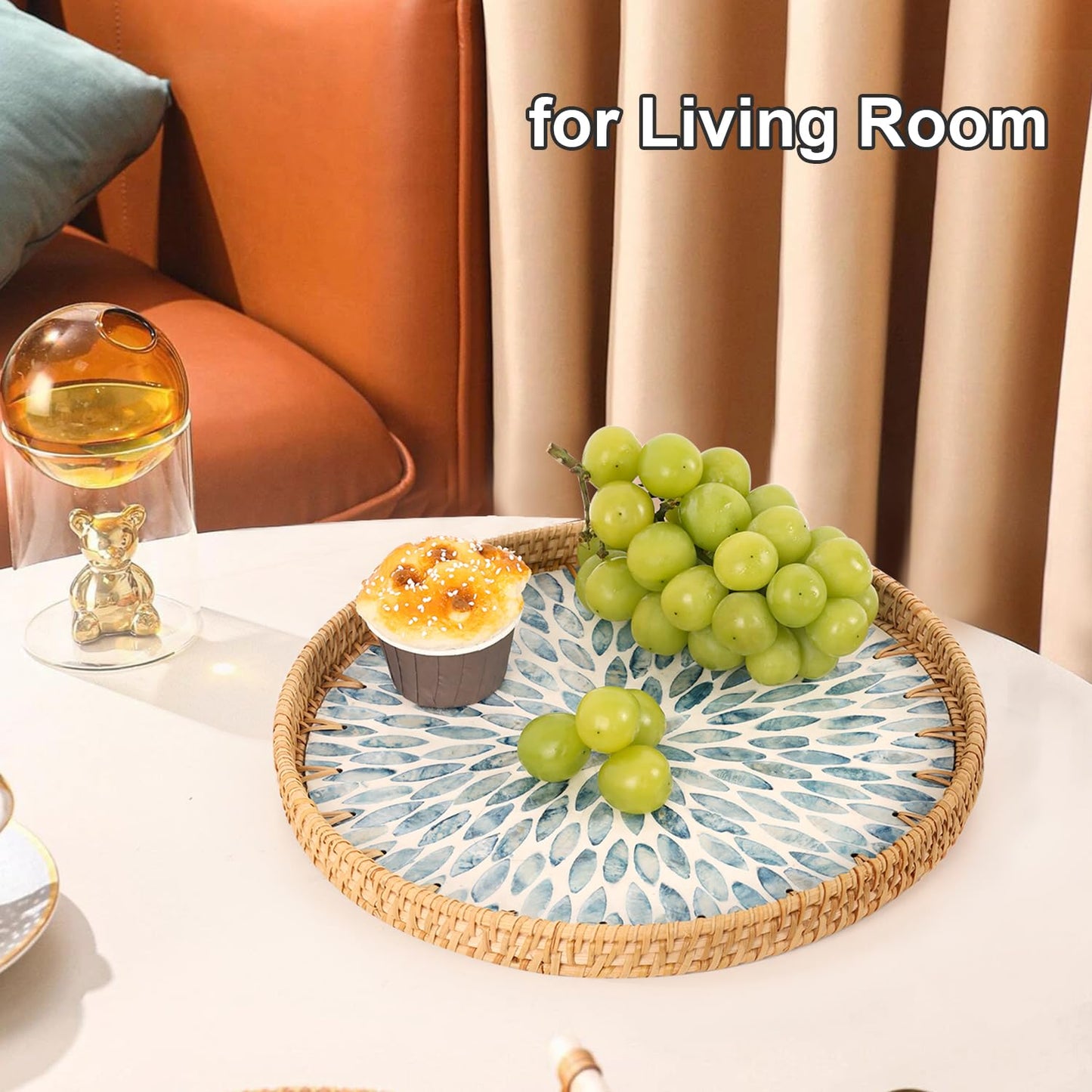 Tynulox Round Rattan Tray with Mother of Pearl Inlay, Rattan Serving Tray for Coffee, Bread, Fruits, Decorative Wicker Tray for Table Decor, Home Decor, Kitchen Island Decor (Light Blue Leaf, 11.8")