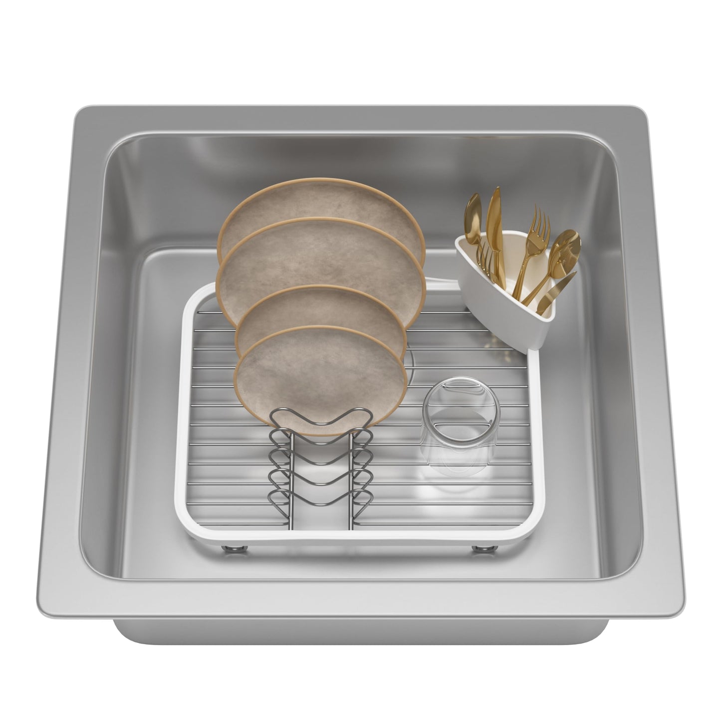Umbra Sinkin Drying Rack – Dish Drainer Caddy with Removable Cutlery Holder Fits in Sink or on Counter top, Medium, White/Nickel Kitchen
