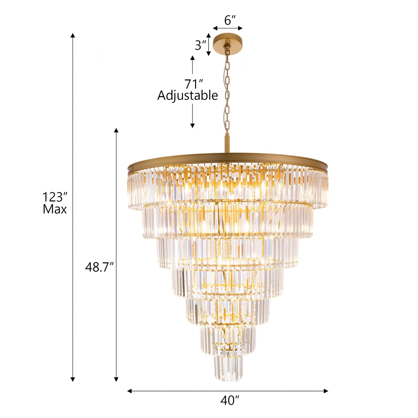 TOCHIC Large Crystal Chandelier for High Ceiling, 40-inch 7-Tier Modern Gold Crystal Chandeliers Lighting Fixture, Raindrop K9 Round Light for Entryway Staircase Foyer Living Bedroom Dining Room