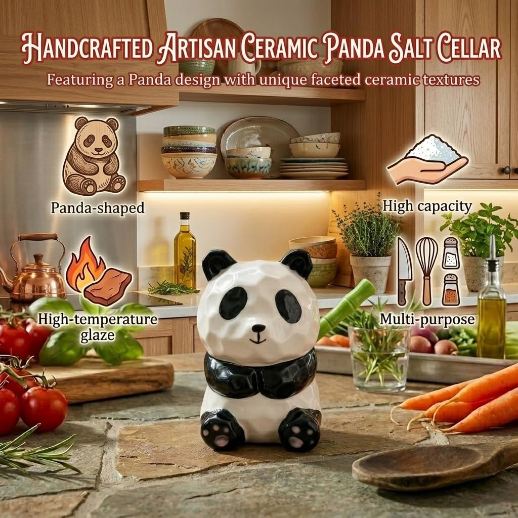 GEGIFTT Ceramic Salt Cellar with Lid and Spoon, Panda Salt & Spice Holder - Large Capacity for Countertop, High-Fired Glazed & Easy Clean, Cute Kitchen Decor, Housewarming Gift, Unique Gift for Cooks