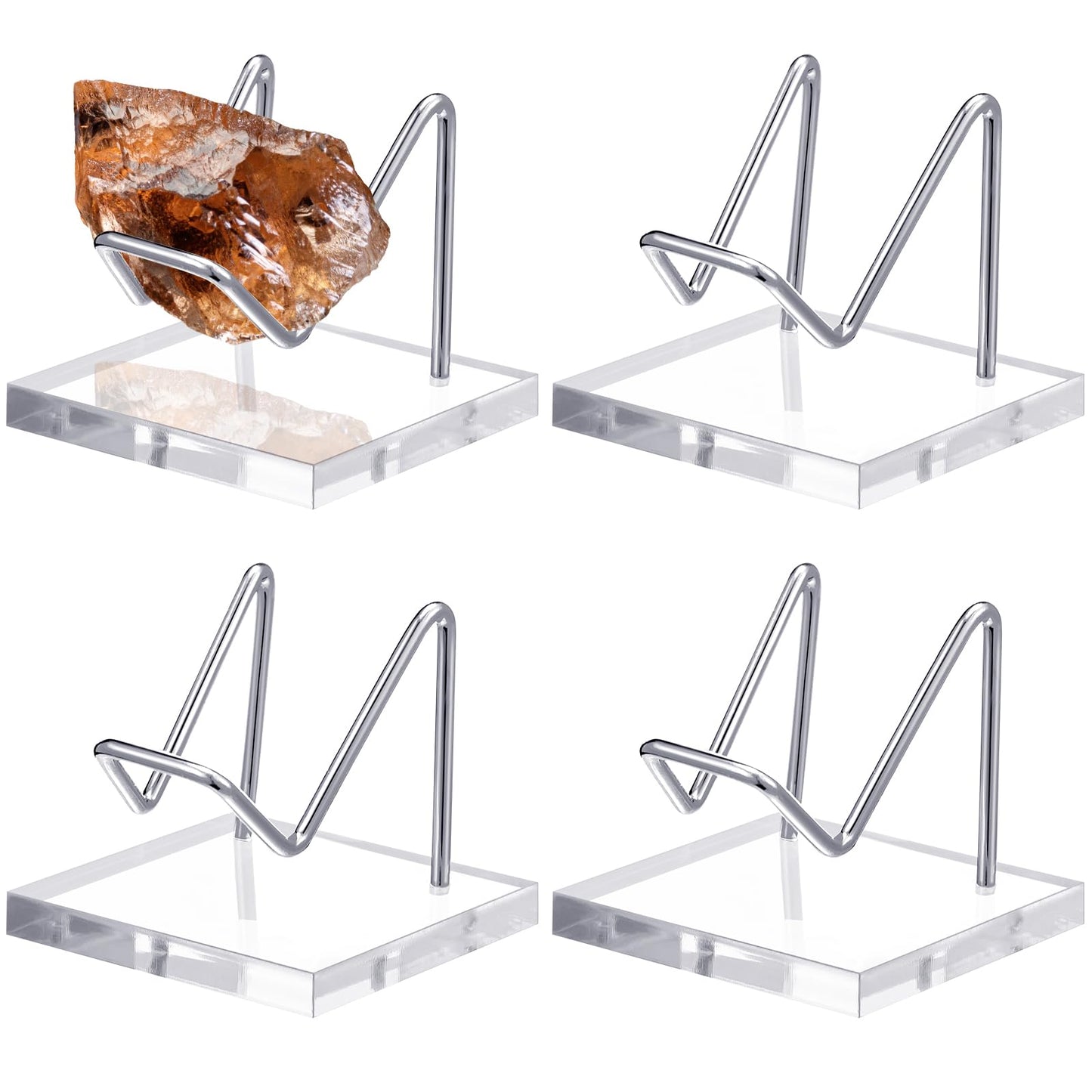 Wenqik 4 Pcs Metal Crystal Display Stand Rock Holder Crystal Display Shelf with Metal Arms Acrylic Pedestal Base for Mineral Gemstone Agate Fossil Coral Geode Jewelry Collectible(Silver,2 x 2 x 1.8)