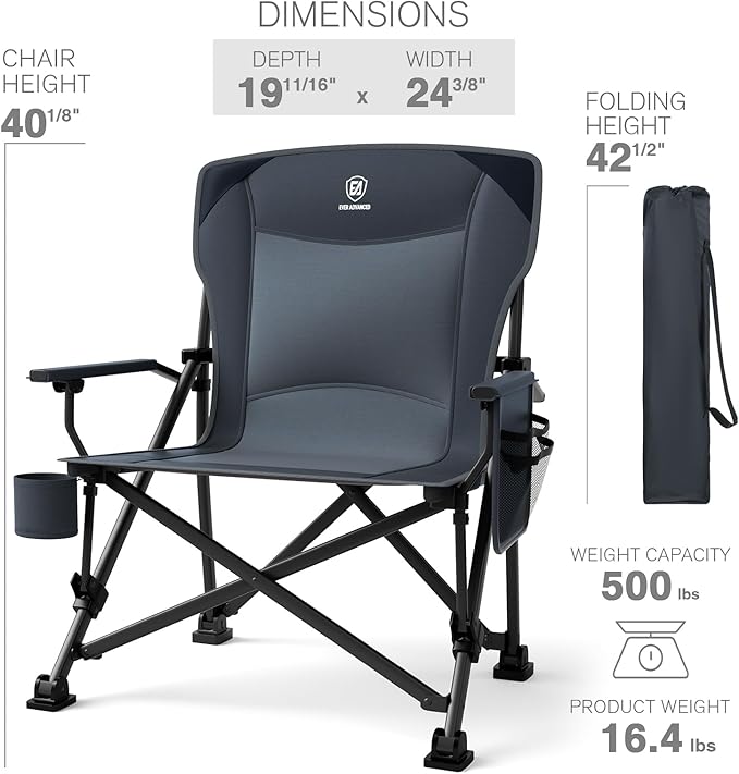 EVER ADVANCED Oversized Folding Camping Chair for Adults, Heavy Duty Lawn Chair with Side Pockets, Portable Collapsible Quad Chair for Outside, Support Up to 500lbs, Grey 2PACK