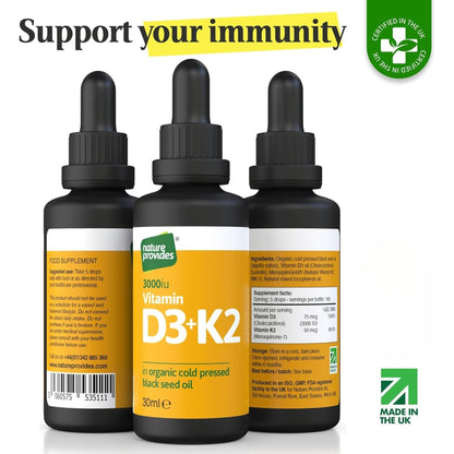 Vitamin D3 & K2 (MK-7) in Organic Black Seed Oil/Nigella Sativa (30ml) - High Strength Liquid (3000IU), 100% Trans MK-7, Immune, Bone Support, Heart Health, Sublingual, Made in UK by Nature Provides