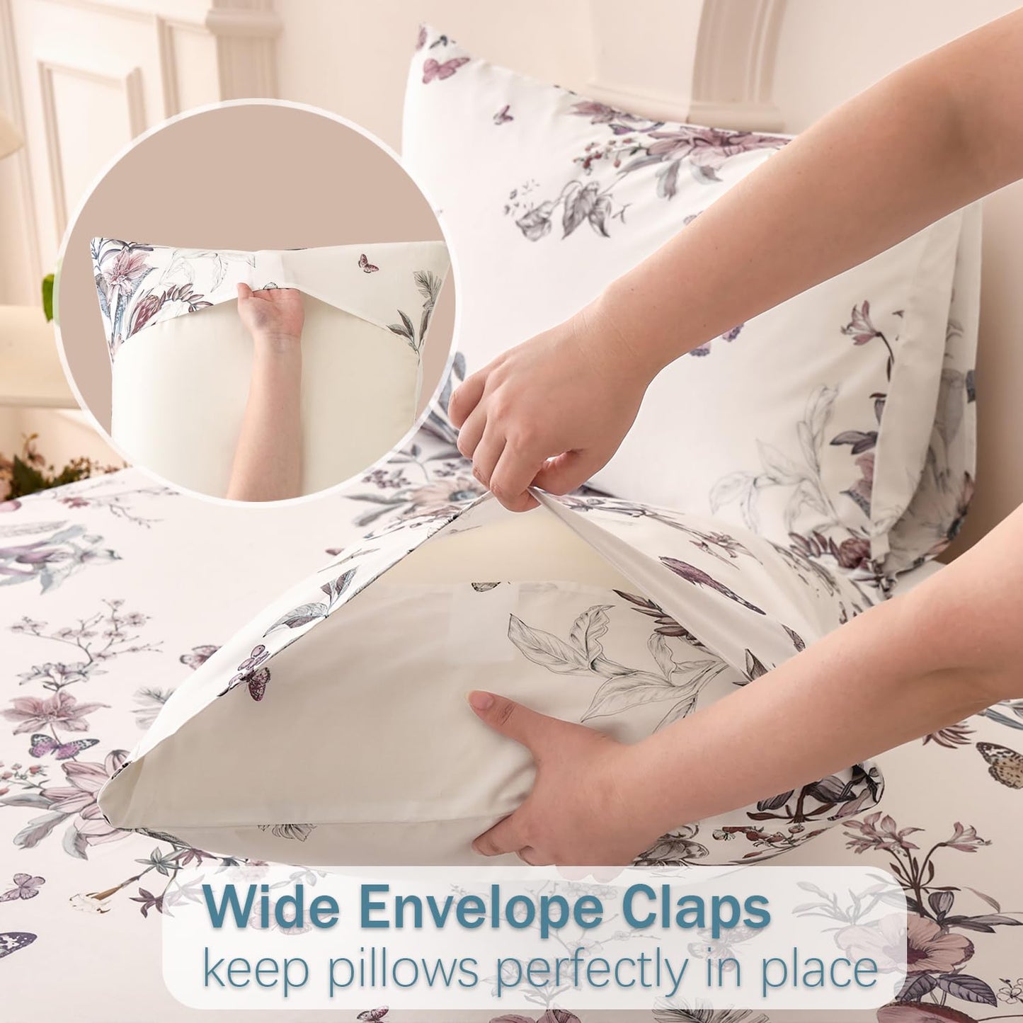Huborise King Size Sheet Set Dusty Rose Floral Bed Sheets 100% Cotton 4Pcs, Light Pink Flower & Butterfly Printed Bed Set with Deep Pocket 17.5", Soft Breathable & Crisp, Luxury French Country Style