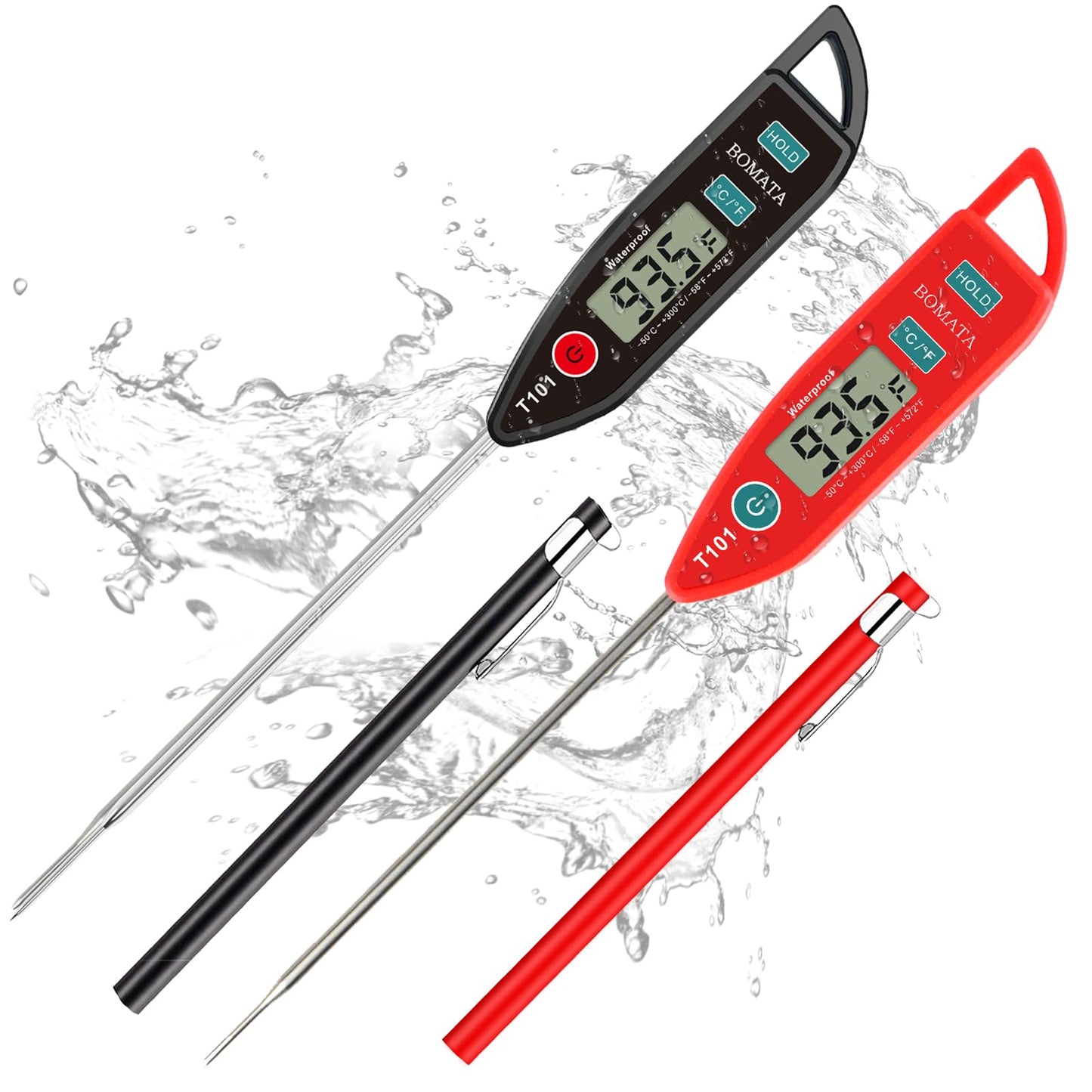 BOMATA 2 Pack Waterproof IPX7 Meat Thermometer Instant Read Food Thermometer with Long Probe for Water, Liquid, Kitchen Cooking, Grill,BBQ ! T101 X 2 Pcs (Black & Red)…