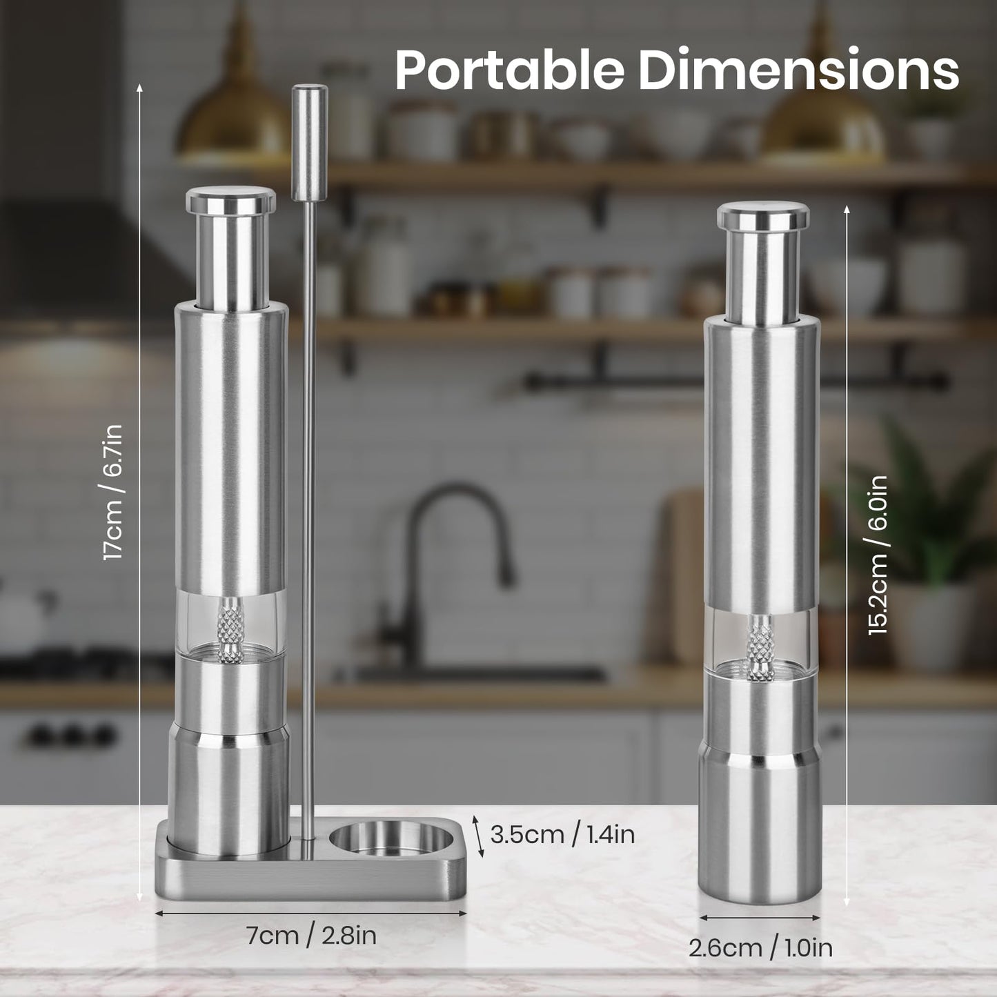 Salt and Pepper Grinder Set,Small Stainless Steel Manual Salt Grinder,Thumb Refillable Mini Salt Grinders Shakers With Base For Kitchen, Home, Travel, Camping, Cooking(Silvery)