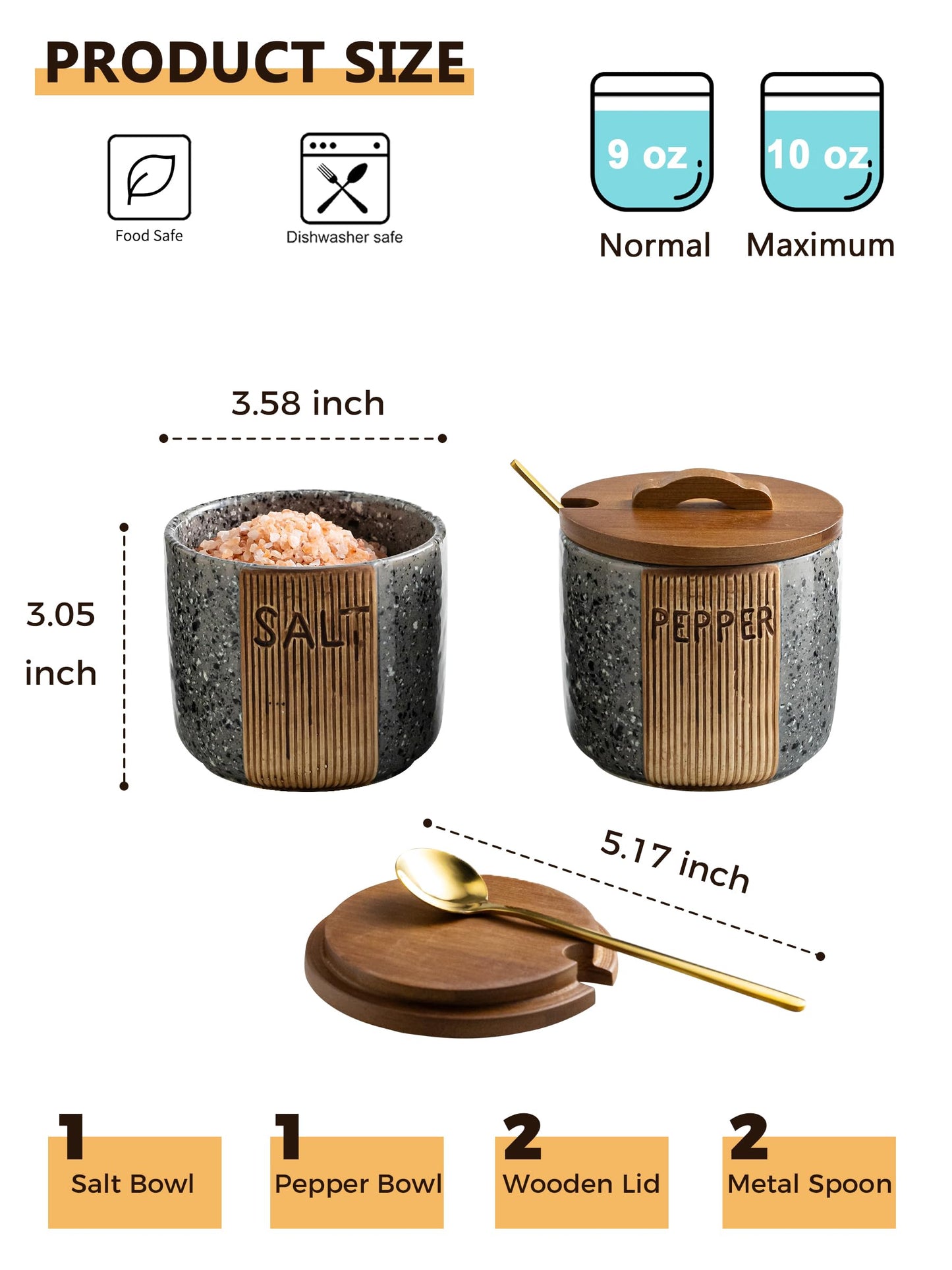 YHOJOY Salt and Pepper Bowl Ceramic, 10 Oz Salt Containers for Countertop Salt Cellar with Wooden Lid and Spoons, Salt and Pepper Set