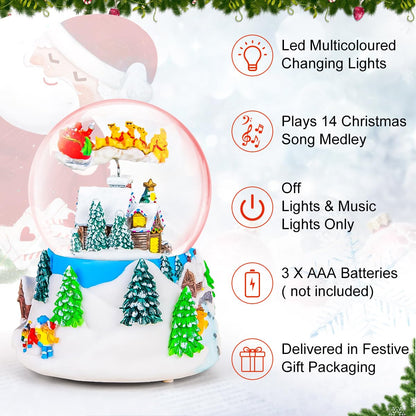 Mr.Winder Christmas Music Box Snow Globe Gift, Musical Rotating Santa Claus Flying Over Village Glitter Xmas Present for Girls Women Girlfriend Daughter Son Granddaughter, Plays 14 Christmas Songs