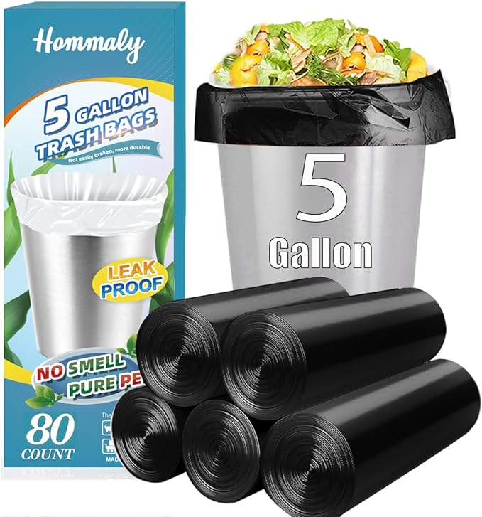 5 Gallon 80pcs Small Black Trash Bags Strong Garbage Bags, 18-20 Liter Bathroom