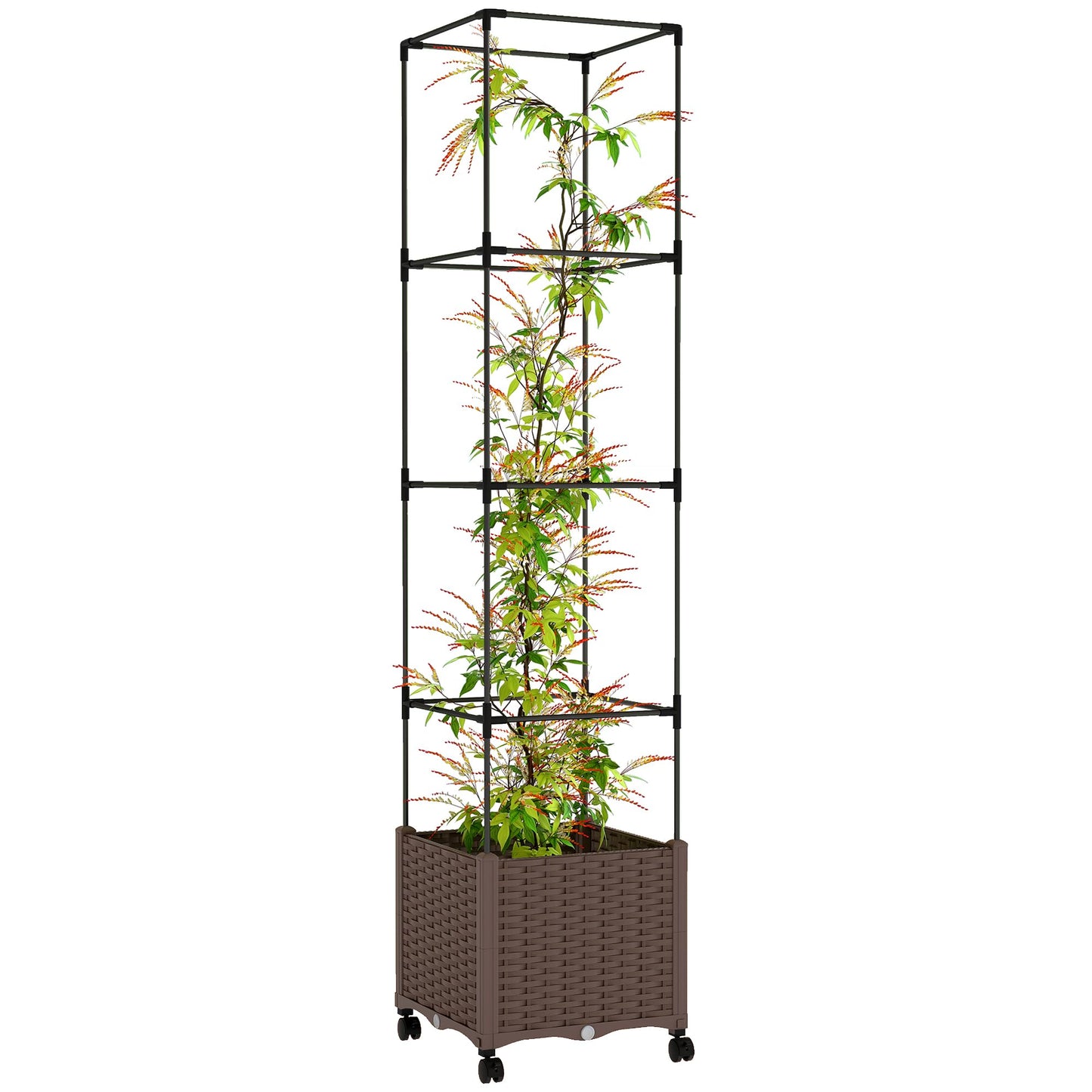 Outsunny Raised Garden Bed with Trellis, 71.7" Tomato Cage with Lockable Wheels, Self Watering Outdoor Planter Box with Drainage Holes and Plugs for Climbing Plants, Vines, Vegetables, Flowers, Brown