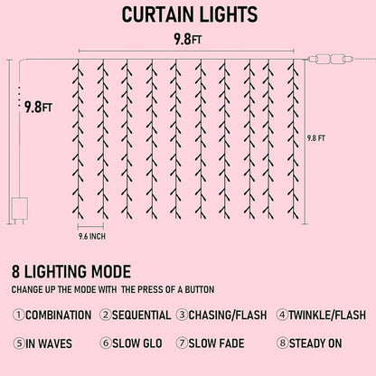 Dazzle Bright 300 LED Curtain String Lights, Valentine's Day Fairy Lights for Bedroom with 8 Lighting Modes, Connectable Waterproof Window Lights Party Wedding Garden Wall Christmas Decor, Pink