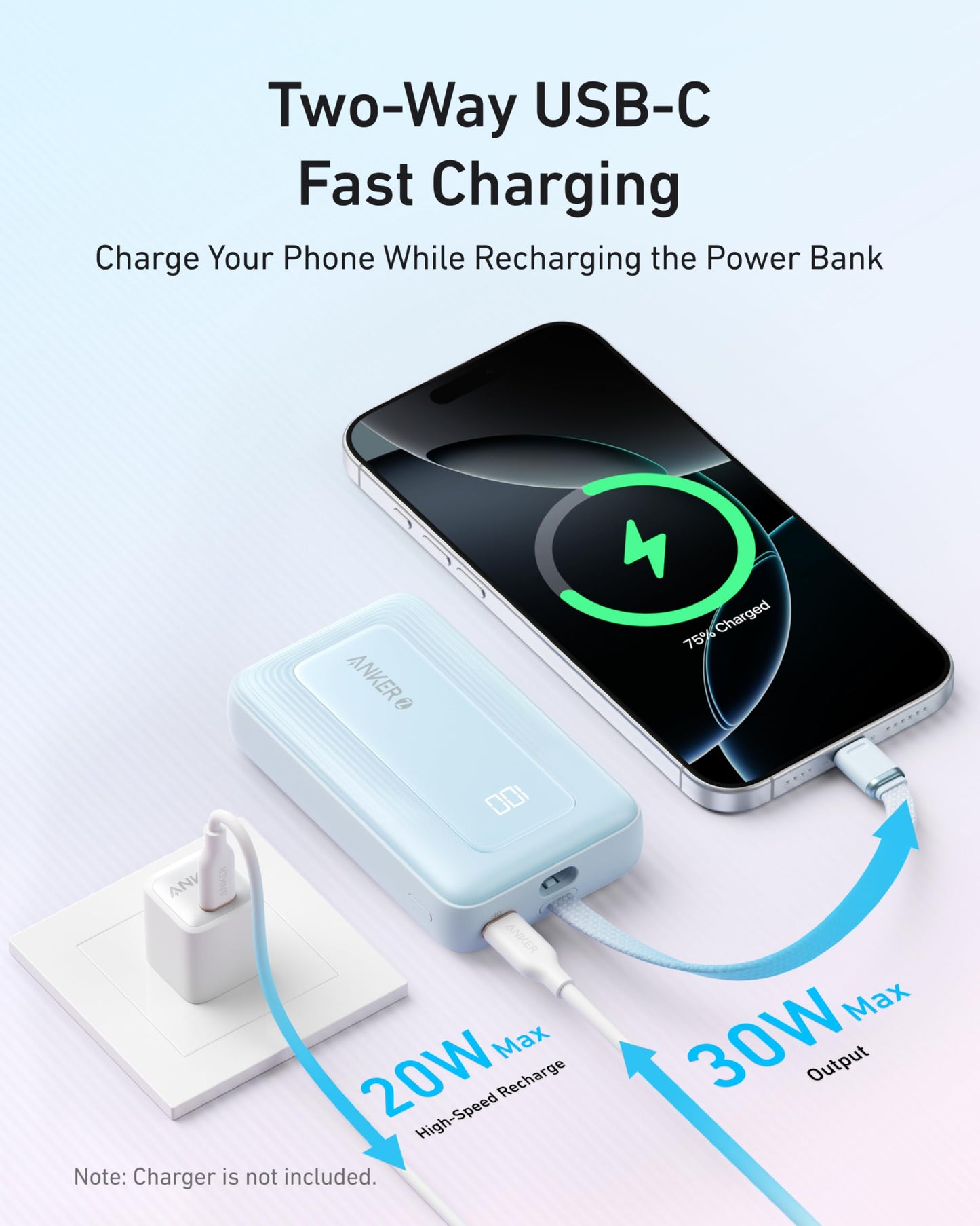 Anker Portable Charger, 10,000mAh 30W Power Bank, USB-C in and Out Fast Charging Battery Pack, Travel Essential Phone Power Bank, for iPhone 16/15, iPad, MacBook, Galaxy, Google, and More