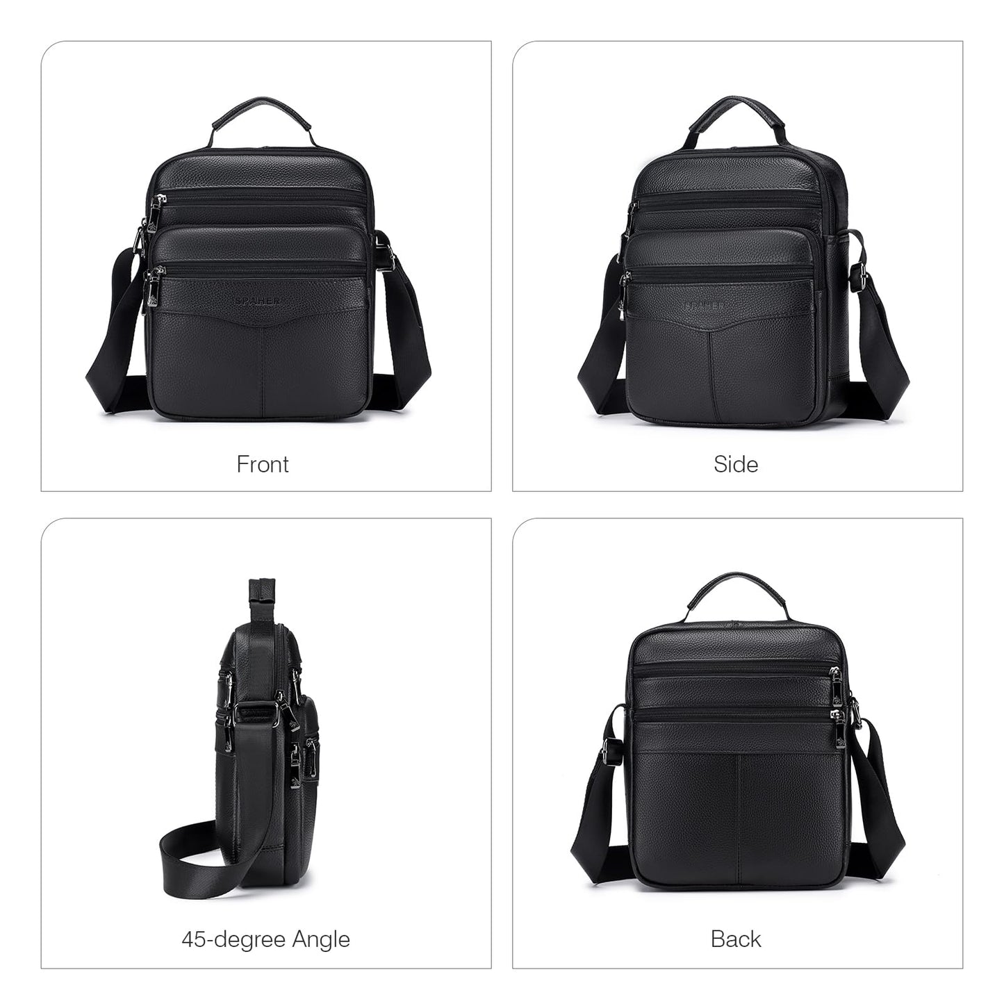 SPAHER Shoulder Bag Men Leather Handbag Business Messenger Backpack Crossbody Casual Tote Sling Travel Bag Document Bag with Top-Handle and Adjustable Strap Large Size