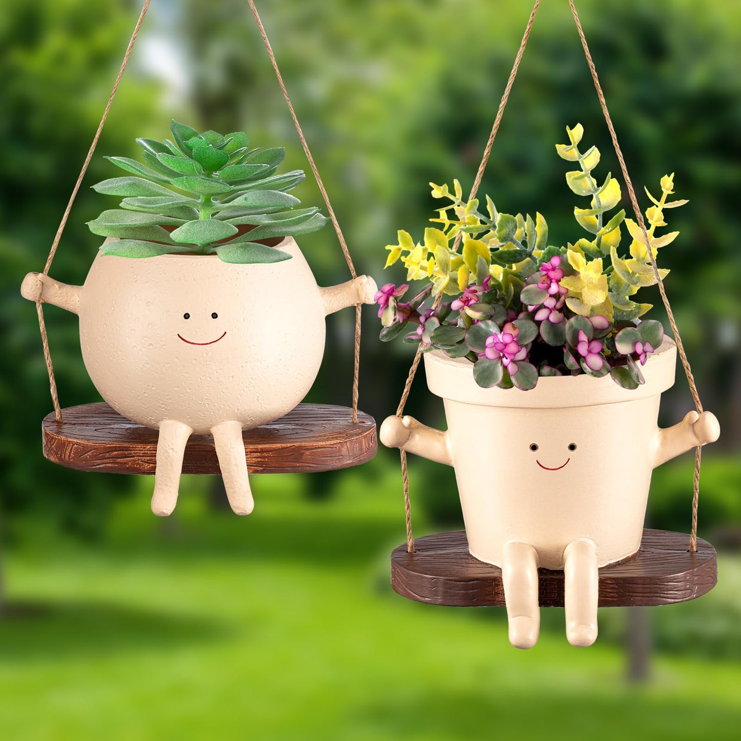 Domensi 2 Pcs Swing Hanging Planter Cute Smile Flower Face Pot Indoor Outdoor Pots for Succulent String of Pearls Plants Plant Ideal Gifts for Christmas Birthday(Swing Mixed Shapes,Mixed Sizes)