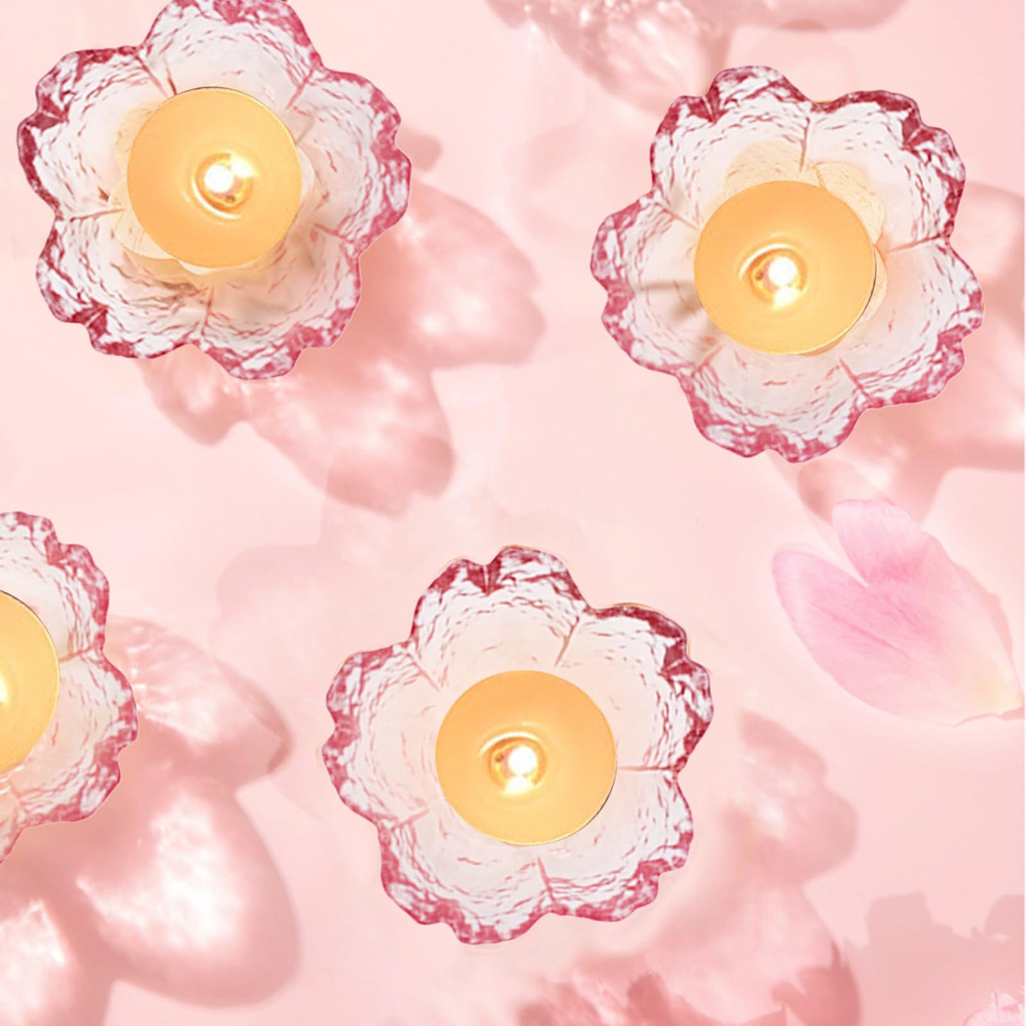 Glass Votive Candle Holders,Glass Seasoning Dishes,Cherry-Blossom Tea Bag Holders,Pink Flower Snack Dip Bowls,Set of 6 Tealight Pillar Trays for Party Housewarming Christmas Valentine Wedding Decor