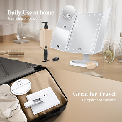 HUONUL Makeup Mirror, Vanity Mirror with Lights, 2X/3X/10X Magnification, Touch Control, Trifold, Dual Power Supply, Valentines Day Gifts for Her,Gifts for Women, Wife, Mom, Girls,Dorm Room Essentials