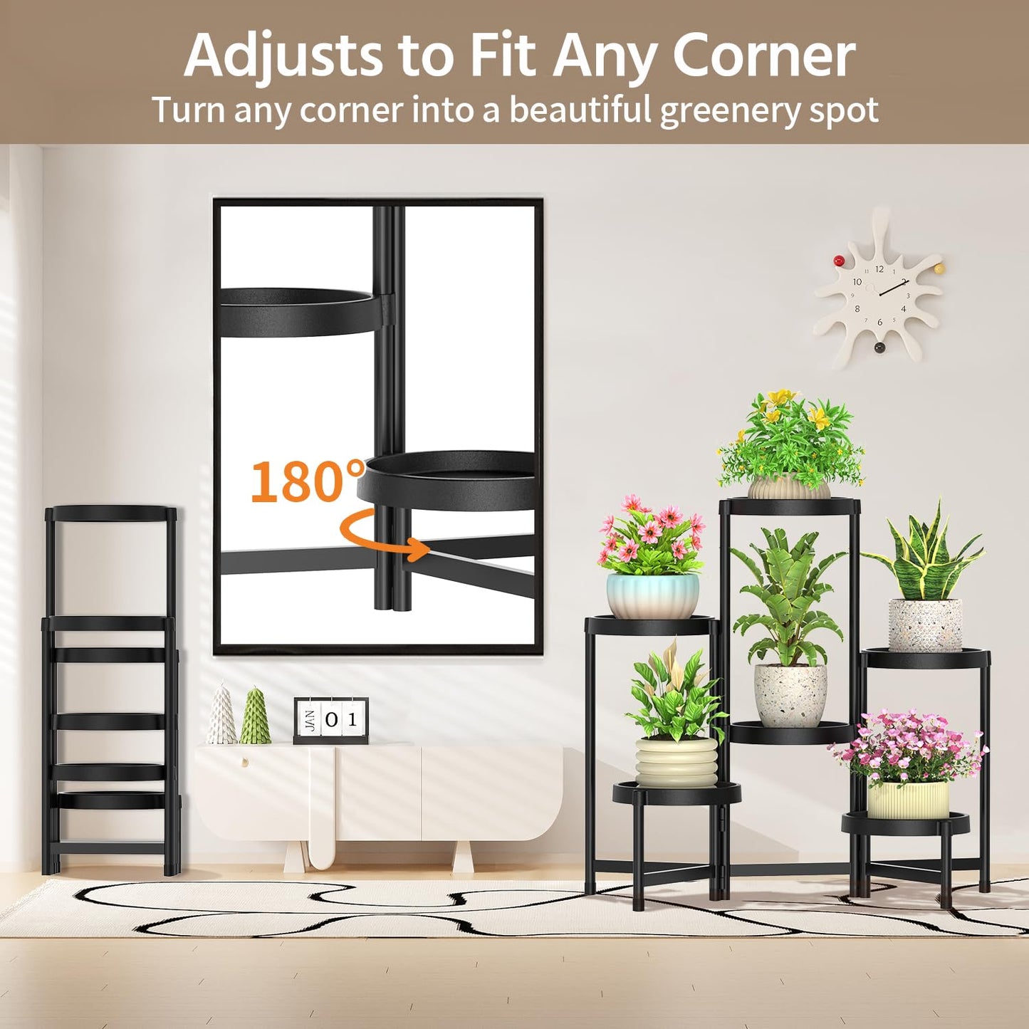 LASZOLA 6 Tiered Plant Stand Indoor Outdoor with Plastic Tray, Corner Folding Tall Flower Display Rack, Modern Plant Holder Shelf for Outdoor Patio Porch Garden Office Living Room, Black