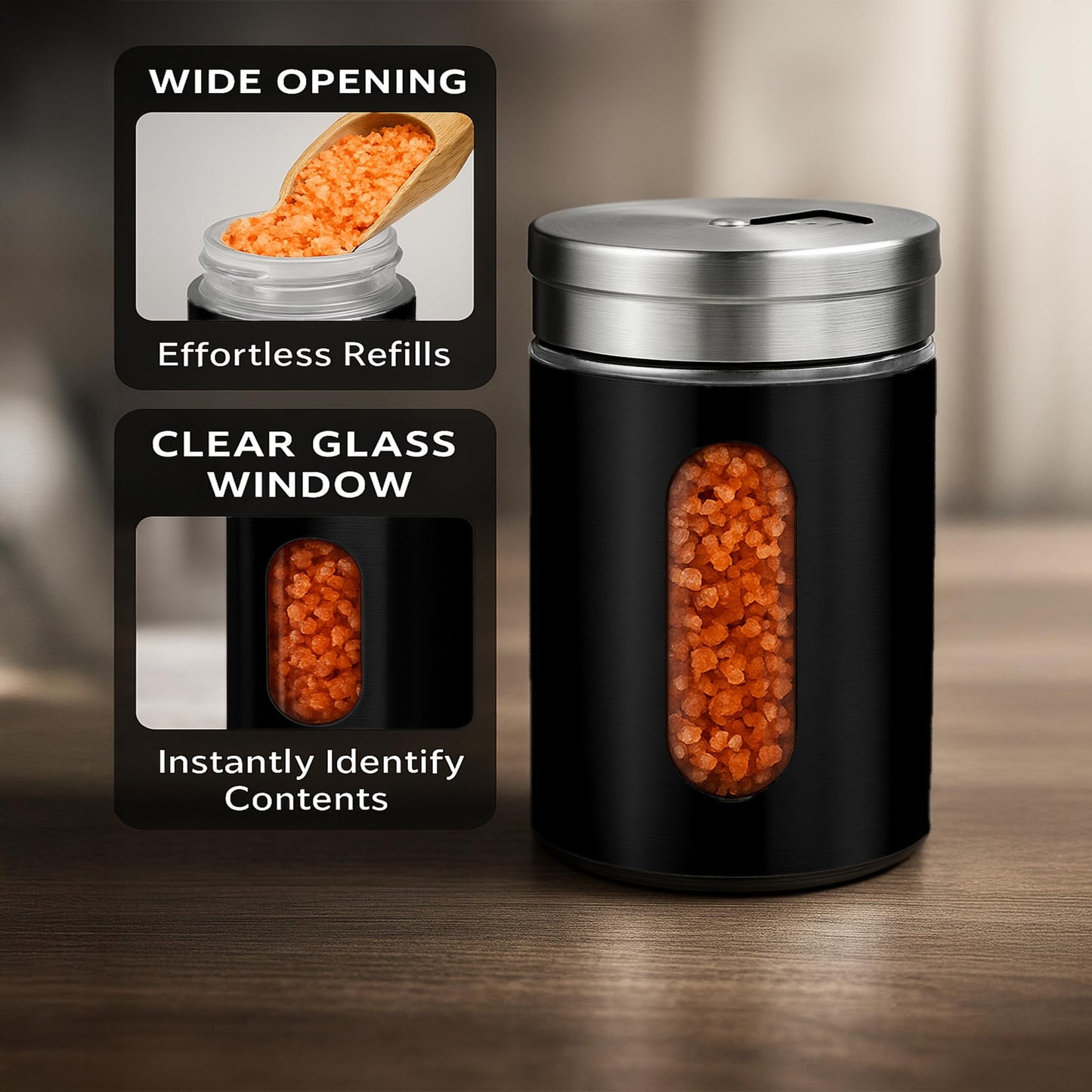 GOOHERA 4-Piece Salt and Pepper Shakers Set, 100mL (3.38oz) Each – Premium Stainless Steel Spice Dispensers with Adjustable Pour Holes – Black