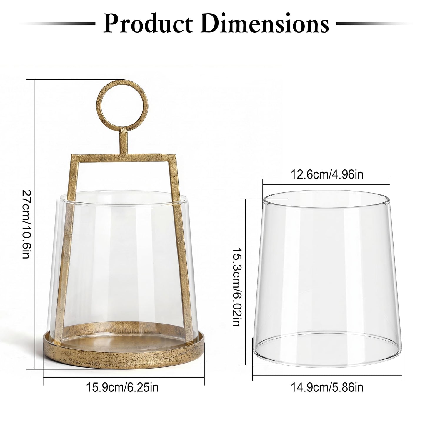 Modern Farmhouse Hurricane Candle Holder, Antique Brass Metal Centerpiece with Sturdy Glass Sleeve, Tabletop Geometric Lantern for Pillar Candles, Plants & Home Decor (6" x 10")