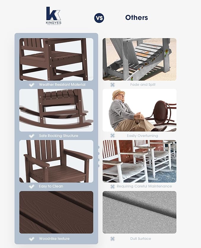 KINGYES Outdoor Rocking Chair Set 2, All Weather HDPE Patio Rocking Chairs for Adults, Coffee Brown