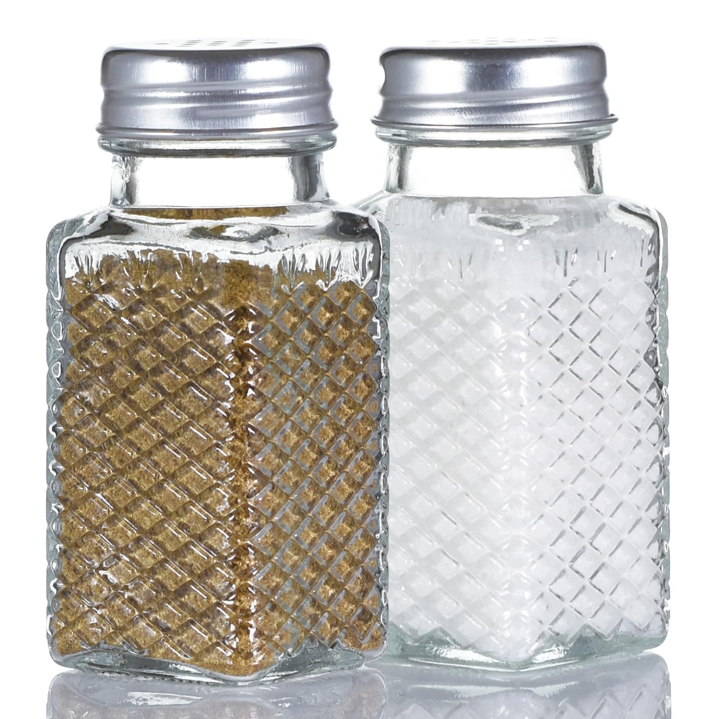 Wongblee 2 Pack Glass Salt and Pepper Shakers Set, Vintage Spice Shakers for Dining Room Table, Kitchen, Restaurant (Grid Pattern)