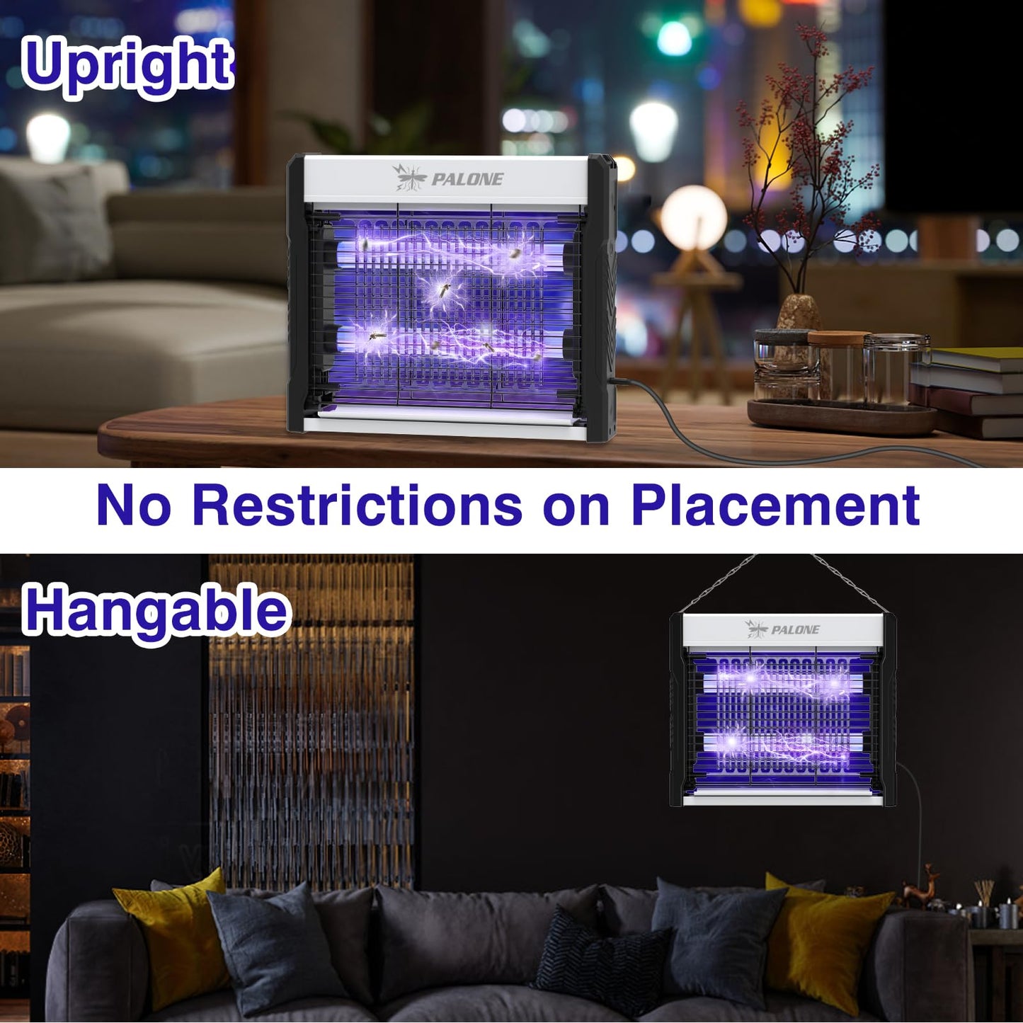 PALONE Electric Bug Zapper, 4000V Mosquito Zapper Indoor Outdoor with Hanging Function, Electric Fly Zapper with Removable Tray USB Powerful Indoor Bug Zapper for Outdoor Balcony Office Patio (12 in)