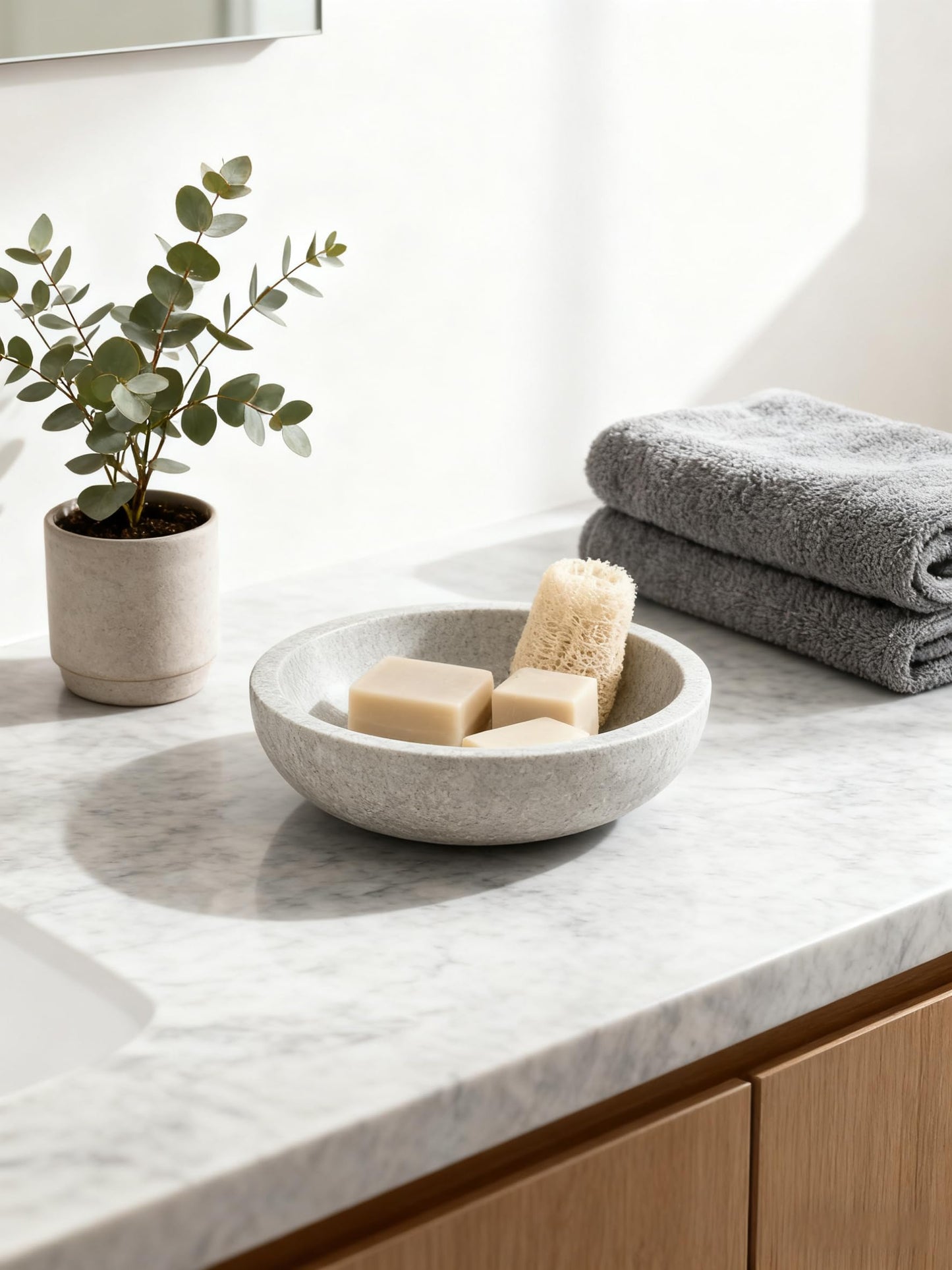 YeasHome White Travertine Bowl, 7.8" Natural Stone Centerpiece for Minimalist Home Decor, Handmade Spa Style Fruit Bowl, Zen Meditation Bowl, Pure Tabletop Sculpture