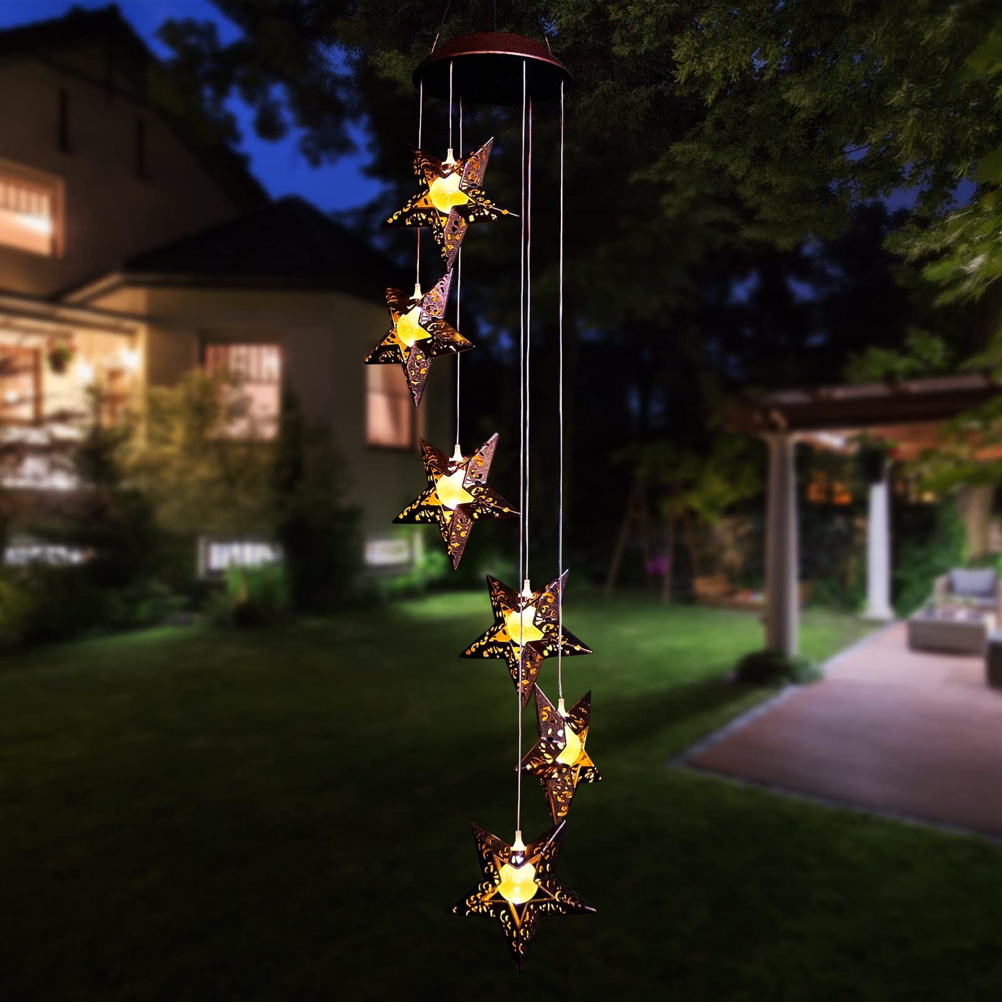 Tryme Solar Wind Chimes Star Wind Chime Warm LED Hanging Solar Lights Unique Garden Decor Memorial Thanksgiving Gifts for Mom Grandma Sister Home Party