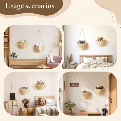 Natural Handwoven Scalloped Wall Basket Set of 2, Premium Rattan Wicker Wall Hanging Organizer for Boho Home Decor, Decorative Wall Storage for Bathroom, Entryway, Living Room & Craft Room