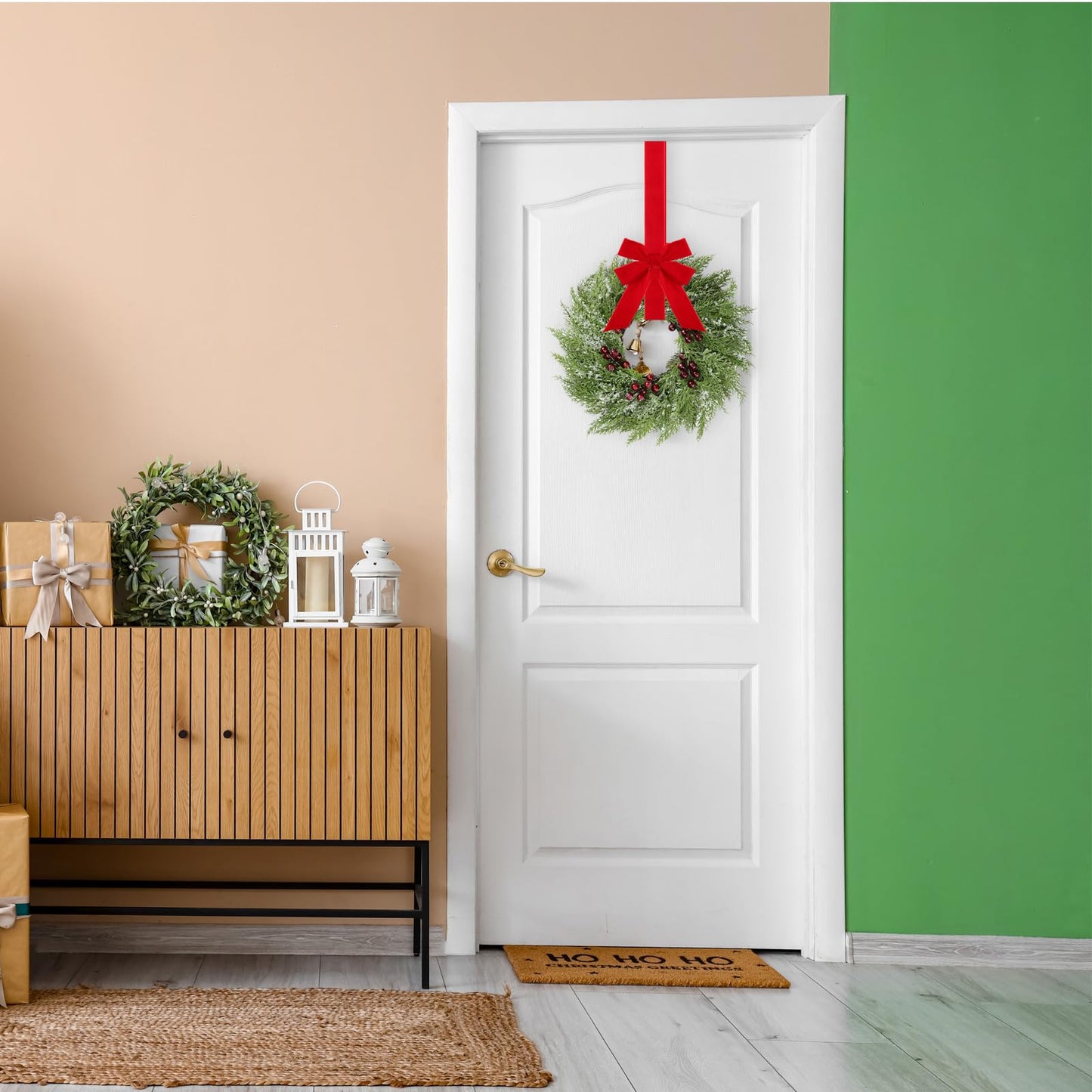 4 Pcs Small Christmas Norfolk Wreaths 15 Inch Christmas Kitchen Cabinet Mini Wreath with Bow Ribbon Cedar Berry for Xmas Front Door Window Chair Fireplace Table Pillar Farmhouse