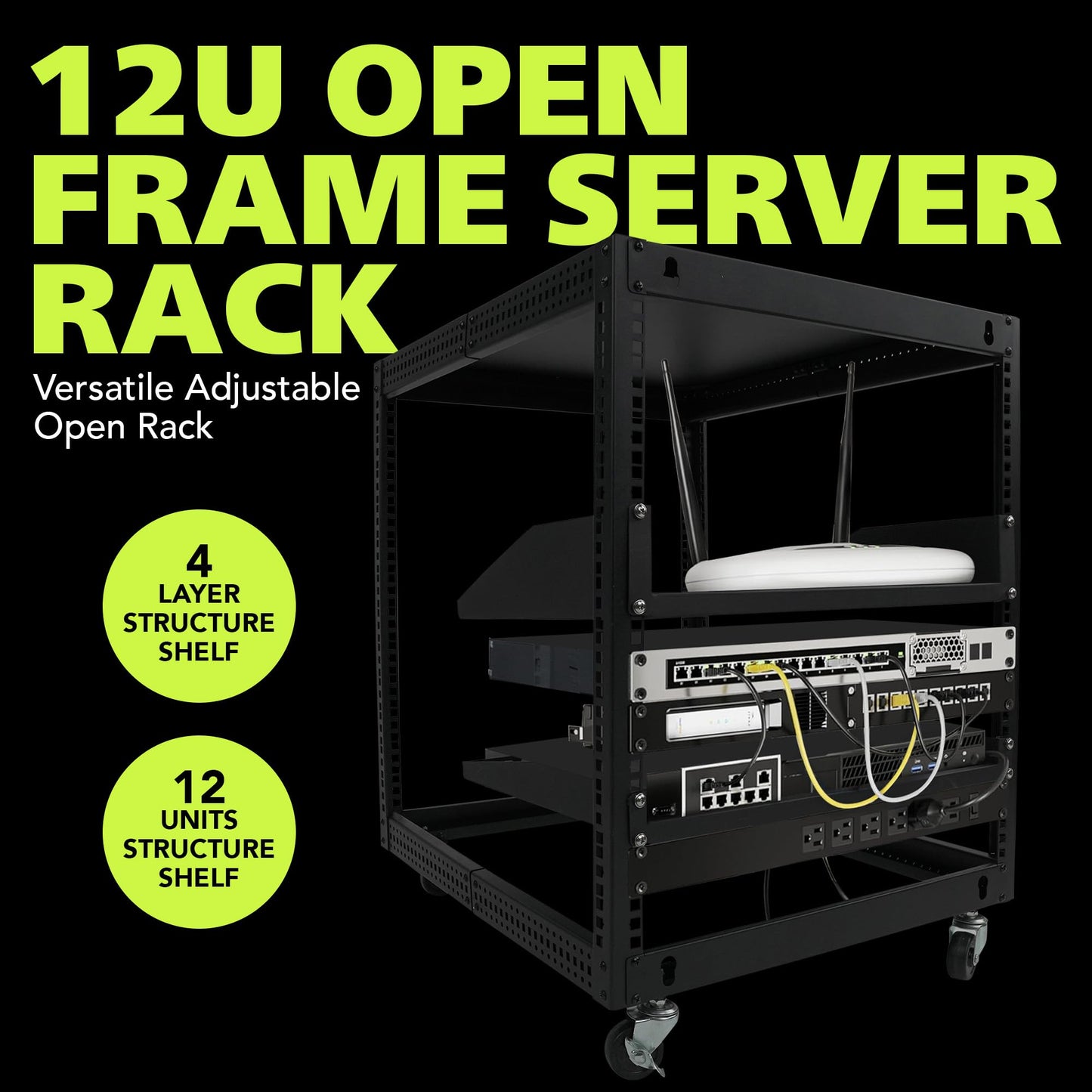 Pearington 12U Open Frame Server Rack, 23''-40'' Adjustable Depth, Free Standing or Wall Mount, 4 Post AV Rack with Casters, Holds Networking IT Equipment AV Gear Router Modem